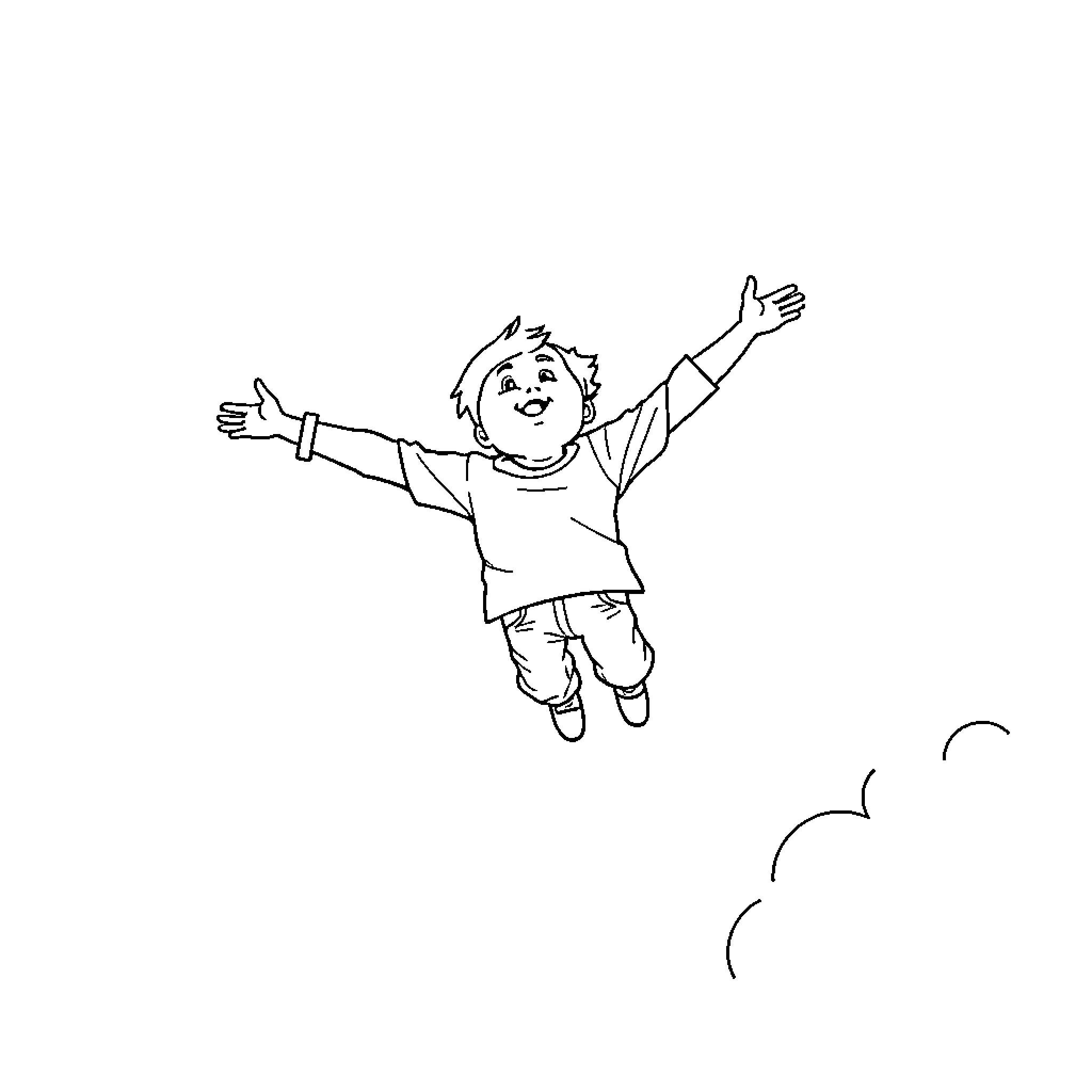 Flying Boy Jumping with Joy Coloring Page (free black-and-white line drawing printable PDF for all, from beginners to advanced learners, including children, teens, adults, and seniors)