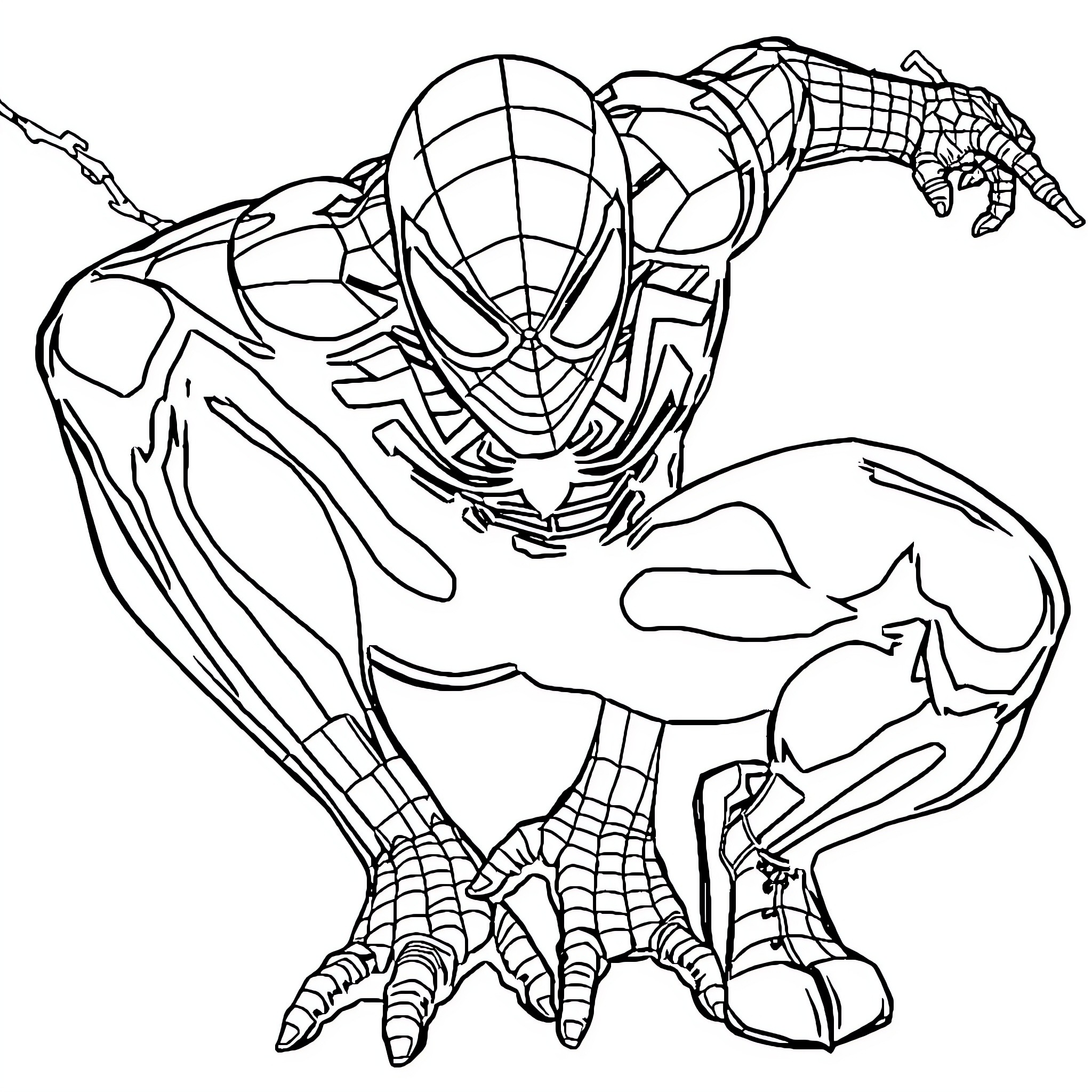 Spiderman swinging into action with heroic pose Coloring Page (free black-and-white line drawing printable PDF for all, from beginners to advanced learners, including children, teens, adults, and seniors)