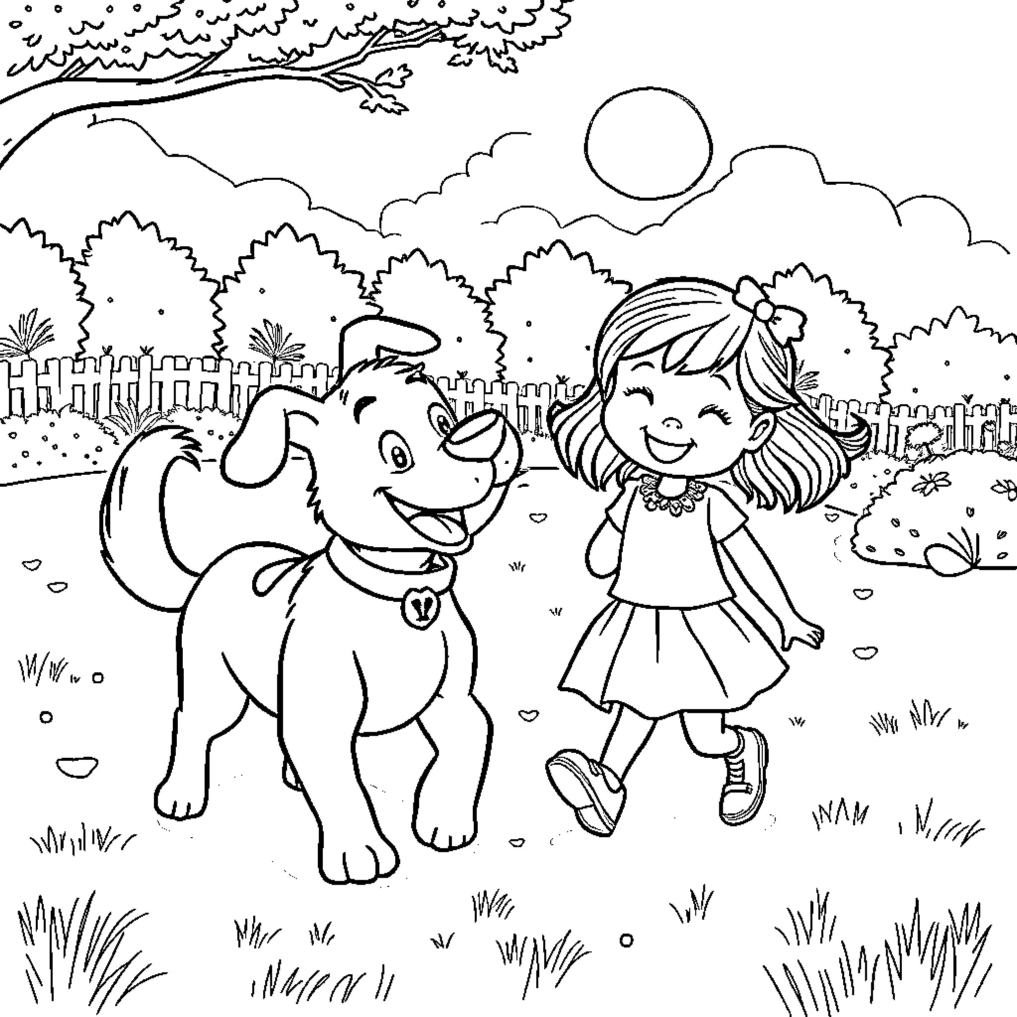Dog and Girl Playing in the Park Coloring Page (free black-and-white line drawing printable PDF for all, from beginners to advanced learners, including children, teens, adults, and seniors)