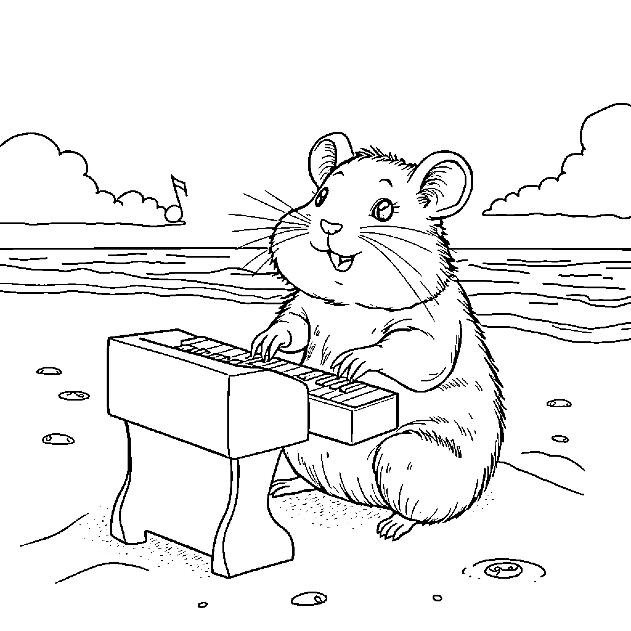 Hamster playing music on a keyboard by the beach Coloring Page (free black-and-white line drawing printable PDF for all, from beginners to advanced learners, including children, teens, adults, and seniors)