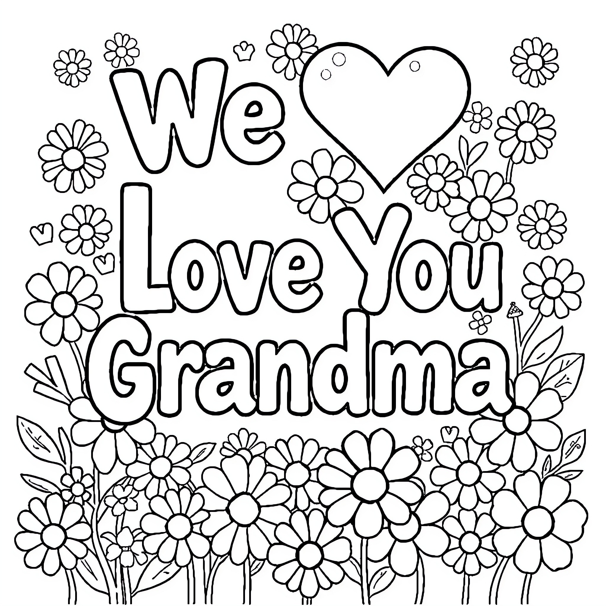 Flower filled message for grandma Coloring Page (free black-and-white line drawing printable PDF for all, from beginners to advanced learners, including children, teens, adults, and seniors)