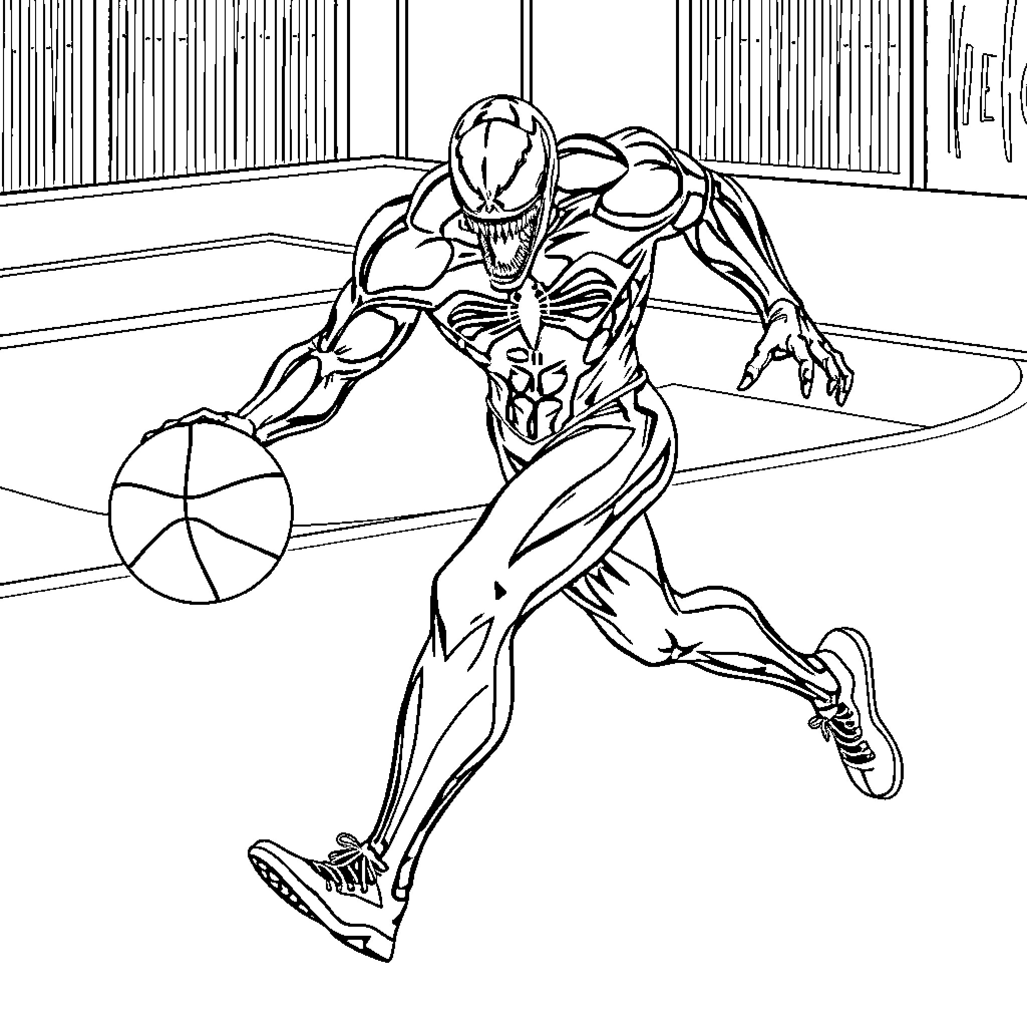 Venom Playing Basketball in Action Pose Coloring Page (free black-and-white line drawing printable PDF for all, from beginners to advanced learners, including children, teens, adults, and seniors)