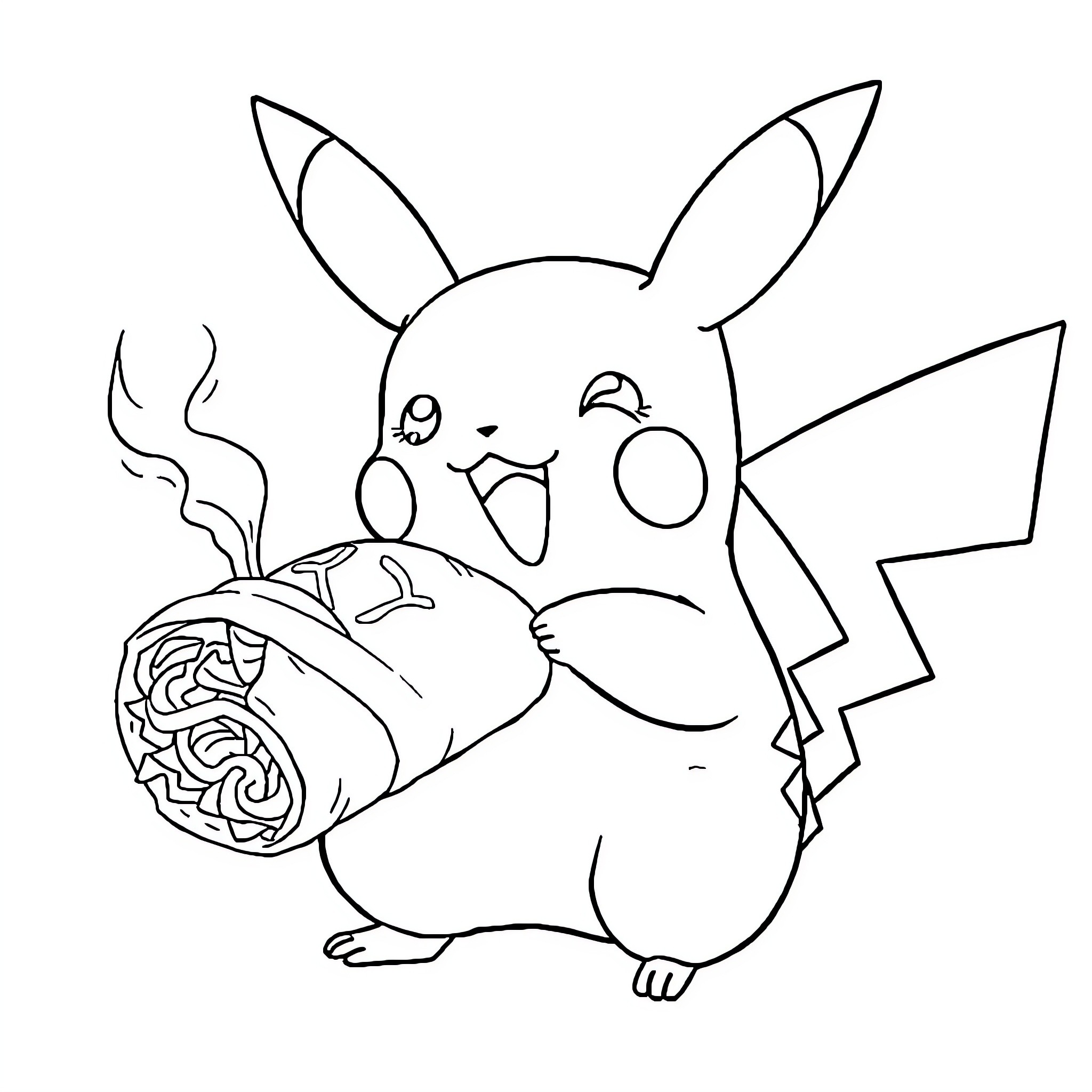 Pikachu enjoying a tasty snack Coloring Page (free black-and-white line drawing printable PDF for all, from beginners to advanced learners, including children, teens, adults, and seniors)