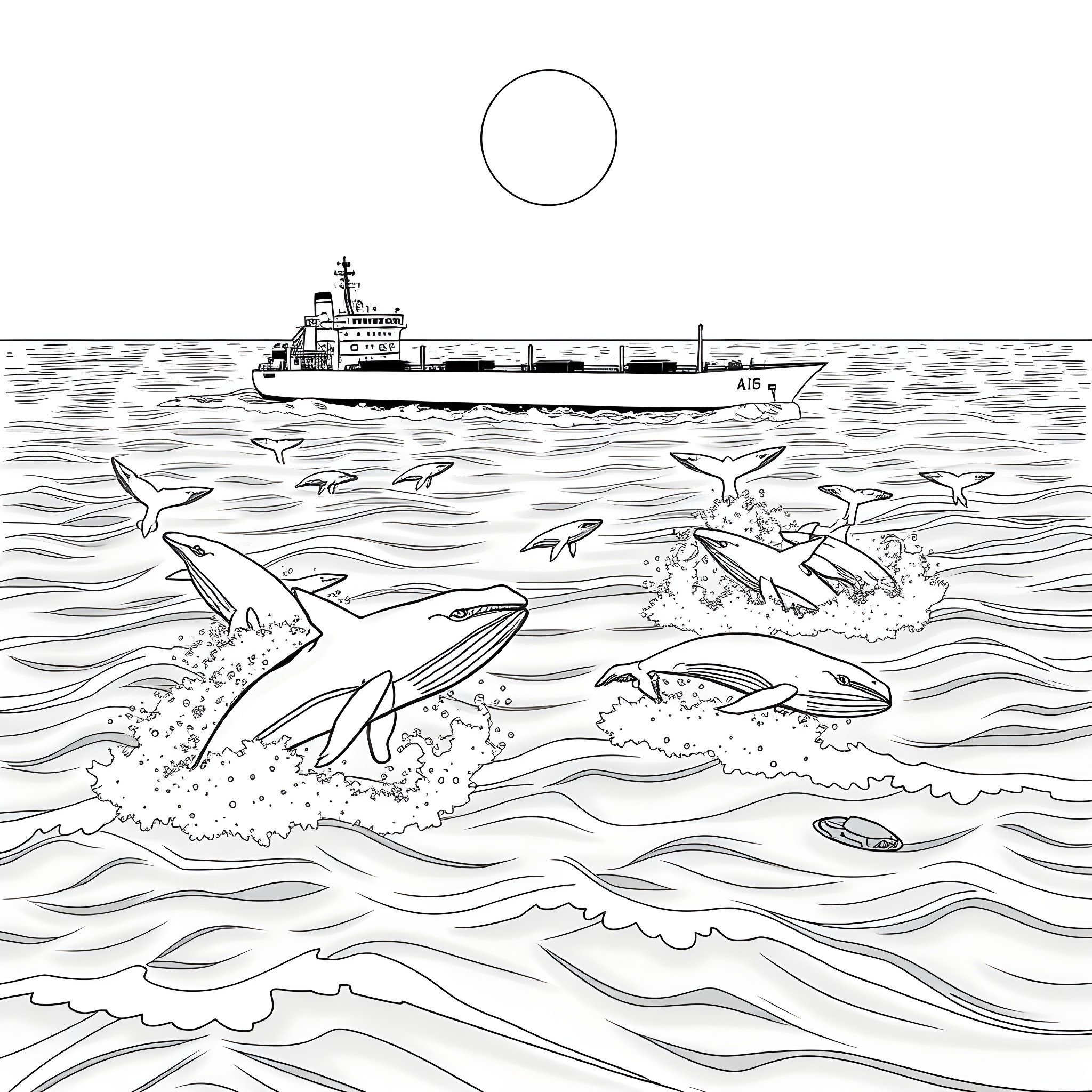 Oil Ship Navigating the Turbulent Seas Coloring Page (free black-and-white line drawing printable PDF for all, from beginners to advanced learners, including children, teens, adults, and seniors)