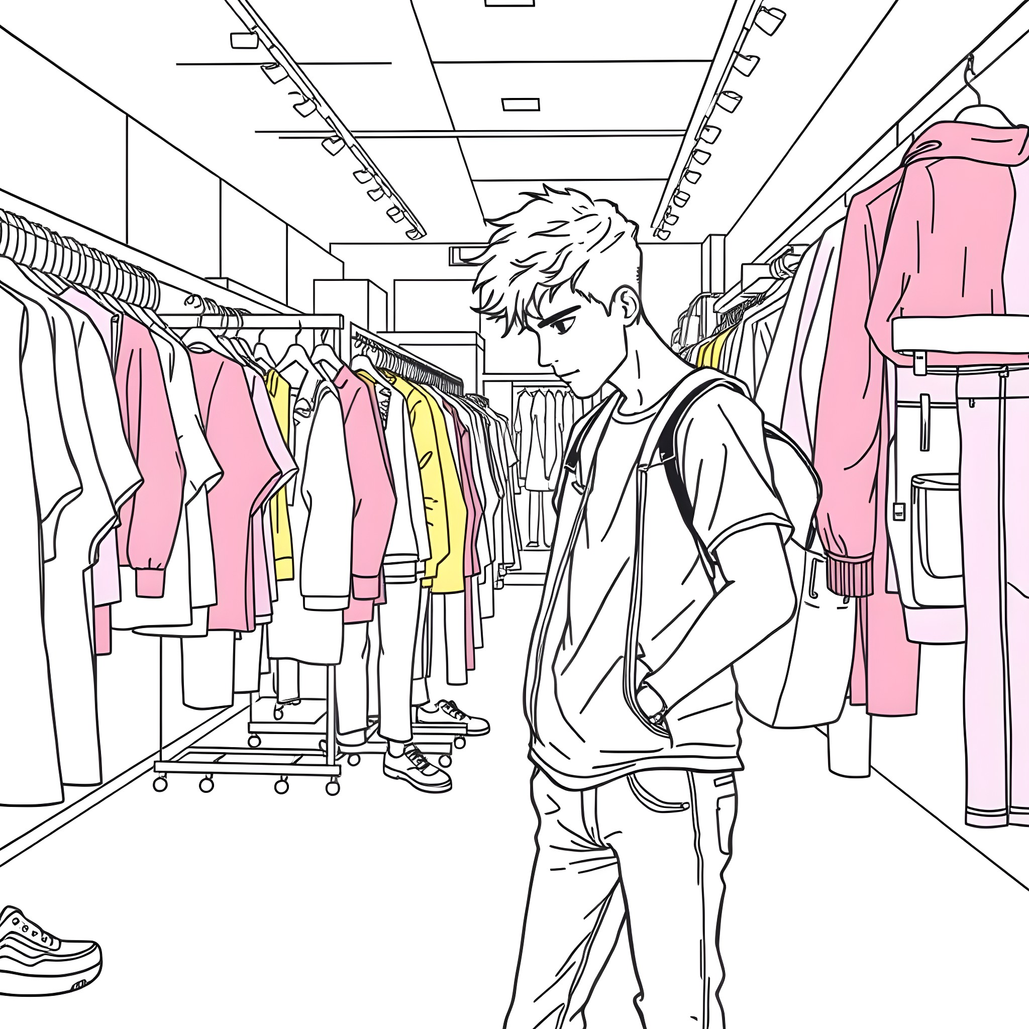 Teen Guy Shopping for Fashionable Outfits in Store Coloring Page (free black-and-white line drawing printable PDF for all, from beginners to advanced learners, including children, teens, adults, and seniors)