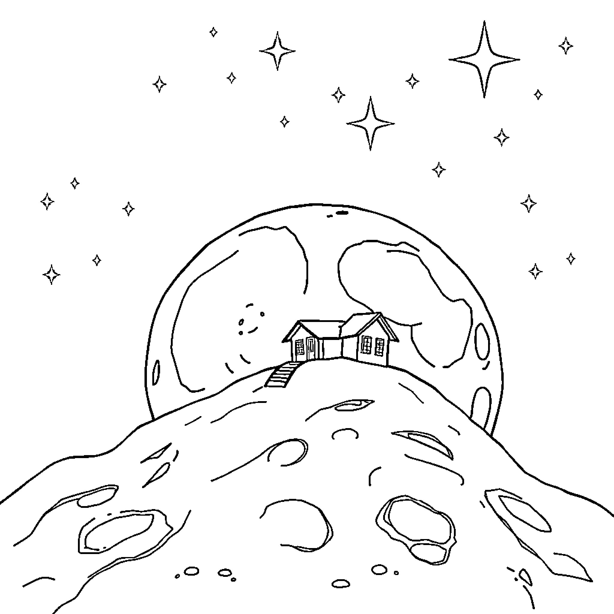 House on a Mystical Hilltop under the Stars Coloring Page (free black-and-white line drawing printable PDF for all, from beginners to advanced learners, including children, teens, adults, and seniors)