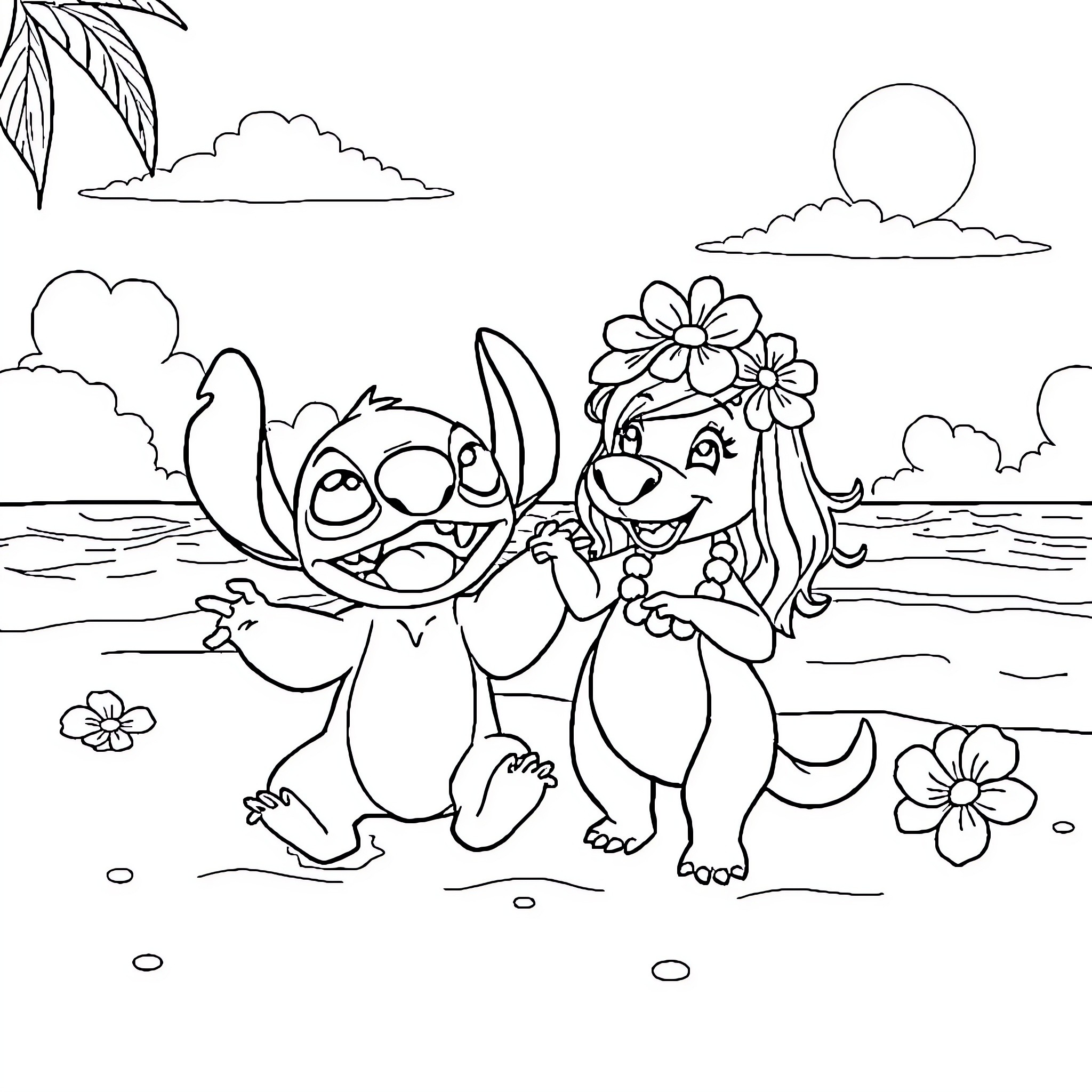 Stitch and Lilo's Beach Adventure Coloring Page (free black-and-white line drawing printable PDF for all, from beginners to advanced learners, including children, teens, adults, and seniors)