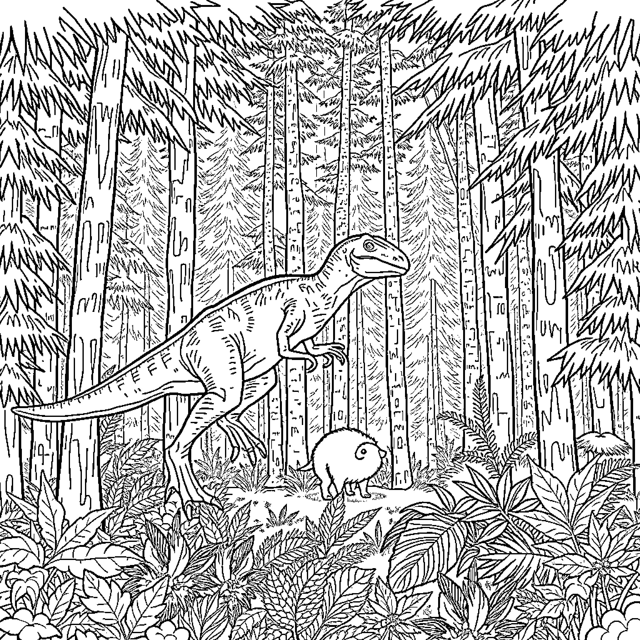 Velociraptor Hunting in Primeval Forest Coloring Page (free black-and-white line drawing printable PDF for all, from beginners to advanced learners, including children, teens, adults, and seniors)
