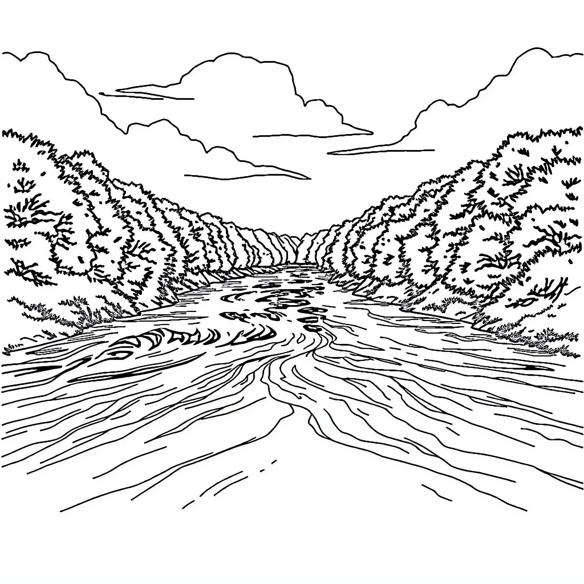 River flowing through a scenic landscape Coloring Page (free black-and-white line drawing printable PDF for all, from beginners to advanced learners, including children, teens, adults, and seniors)