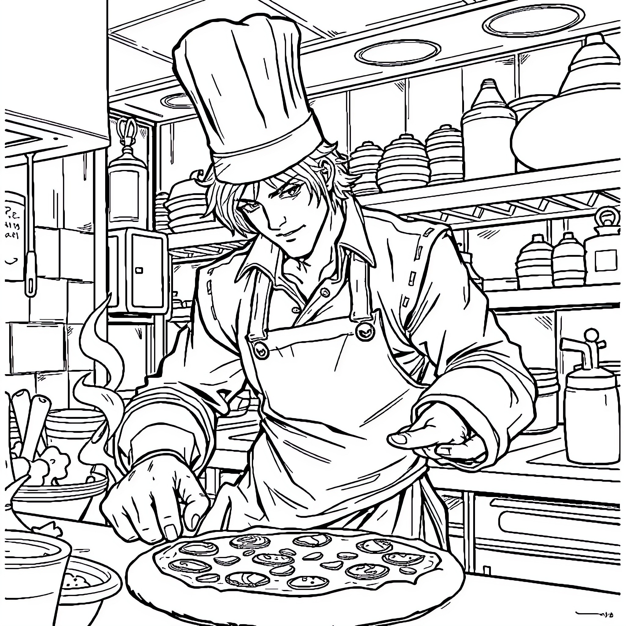 Dante preparing a delicious dish in the kitchen Coloring Page (free black-and-white line drawing printable PDF for all, from beginners to advanced learners, including children, teens, adults, and seniors)