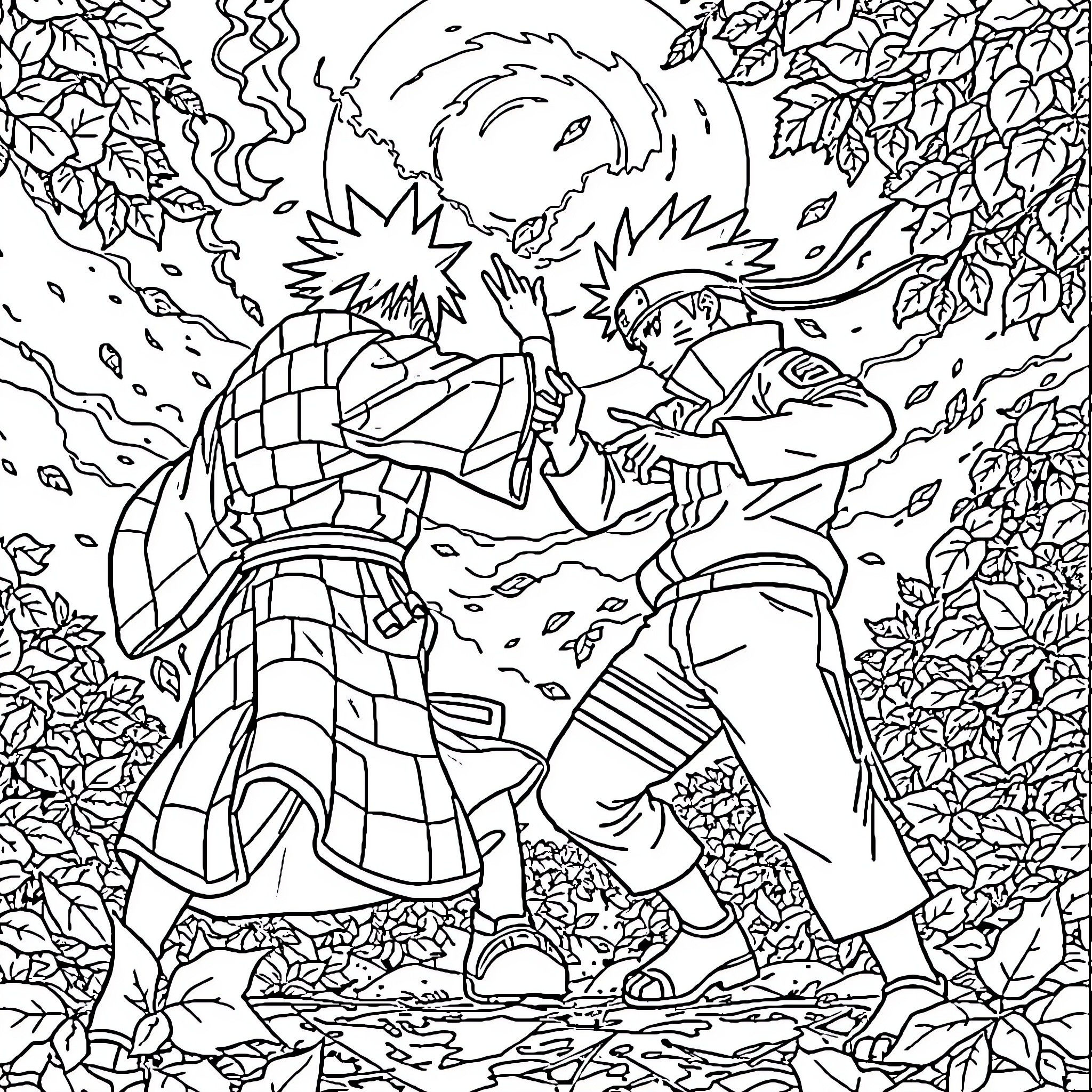 Naruto Characters in Autumn Wonderland Coloring Page (free black-and-white line drawing printable PDF for all, from beginners to advanced learners, including children, teens, adults, and seniors)