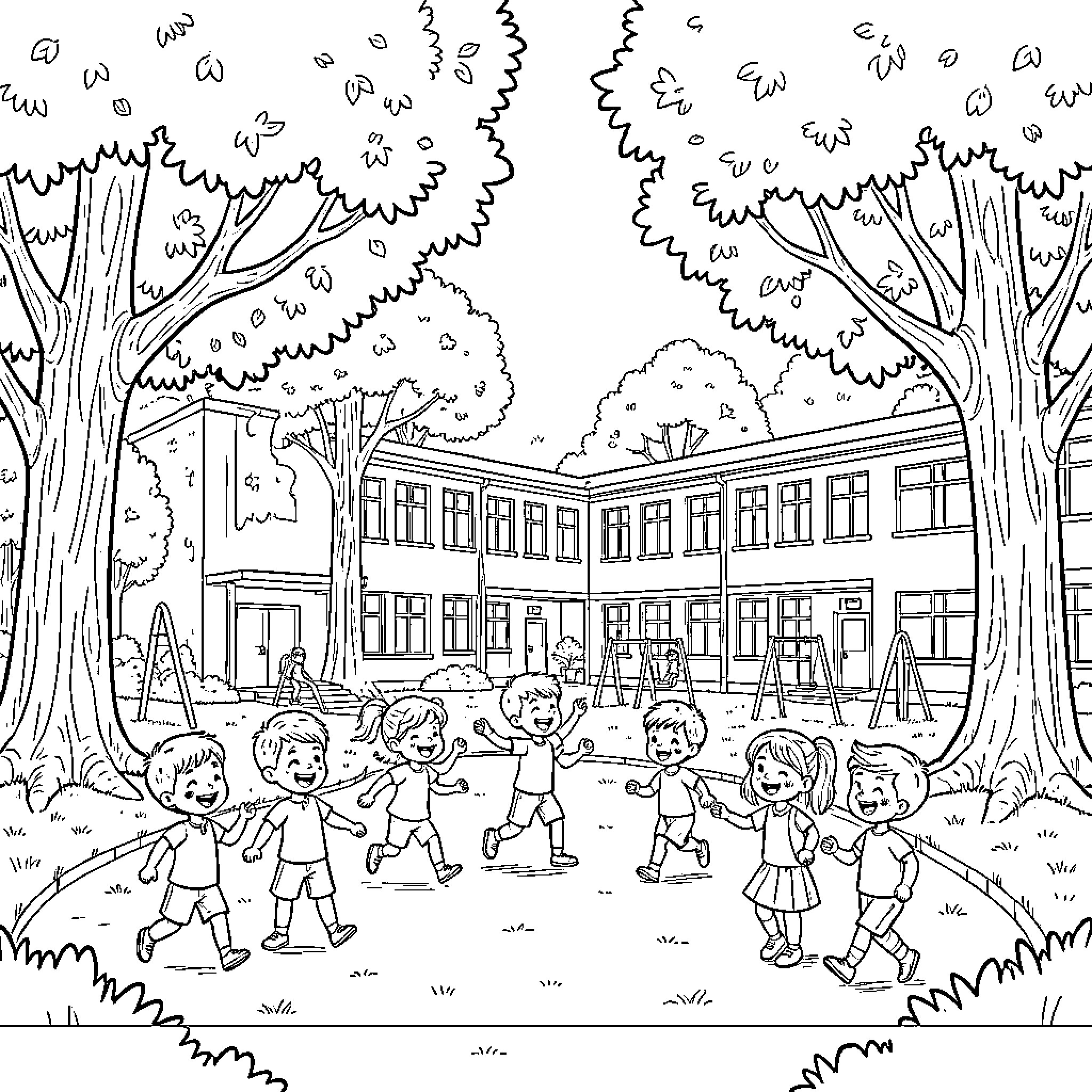 Dream School children playing joyfully in the courtyard Coloring Page (free black-and-white line drawing printable PDF for all, from beginners to advanced learners, including children, teens, adults, and seniors)