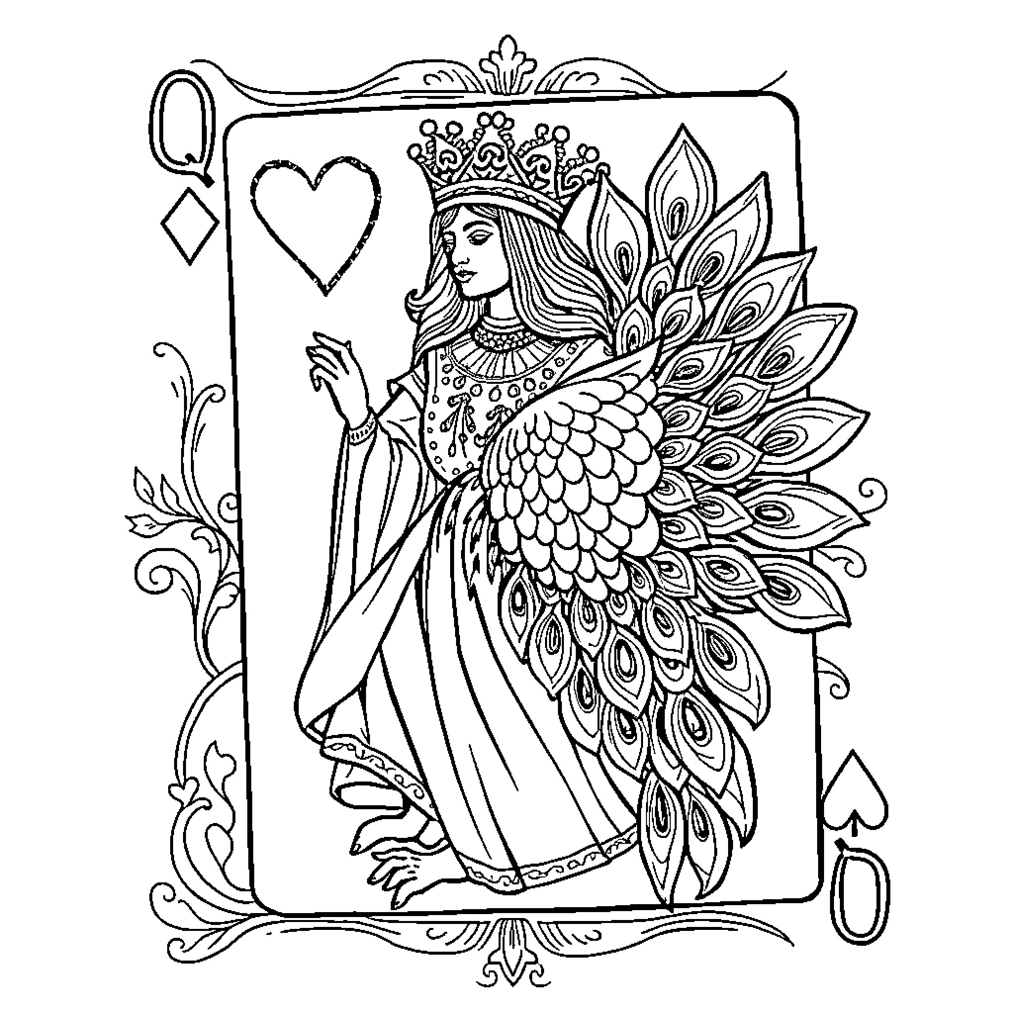 Peacock Queen in Elegant Attire Coloring Page (free black-and-white line drawing printable PDF for all, from beginners to advanced learners, including children, teens, adults, and seniors)