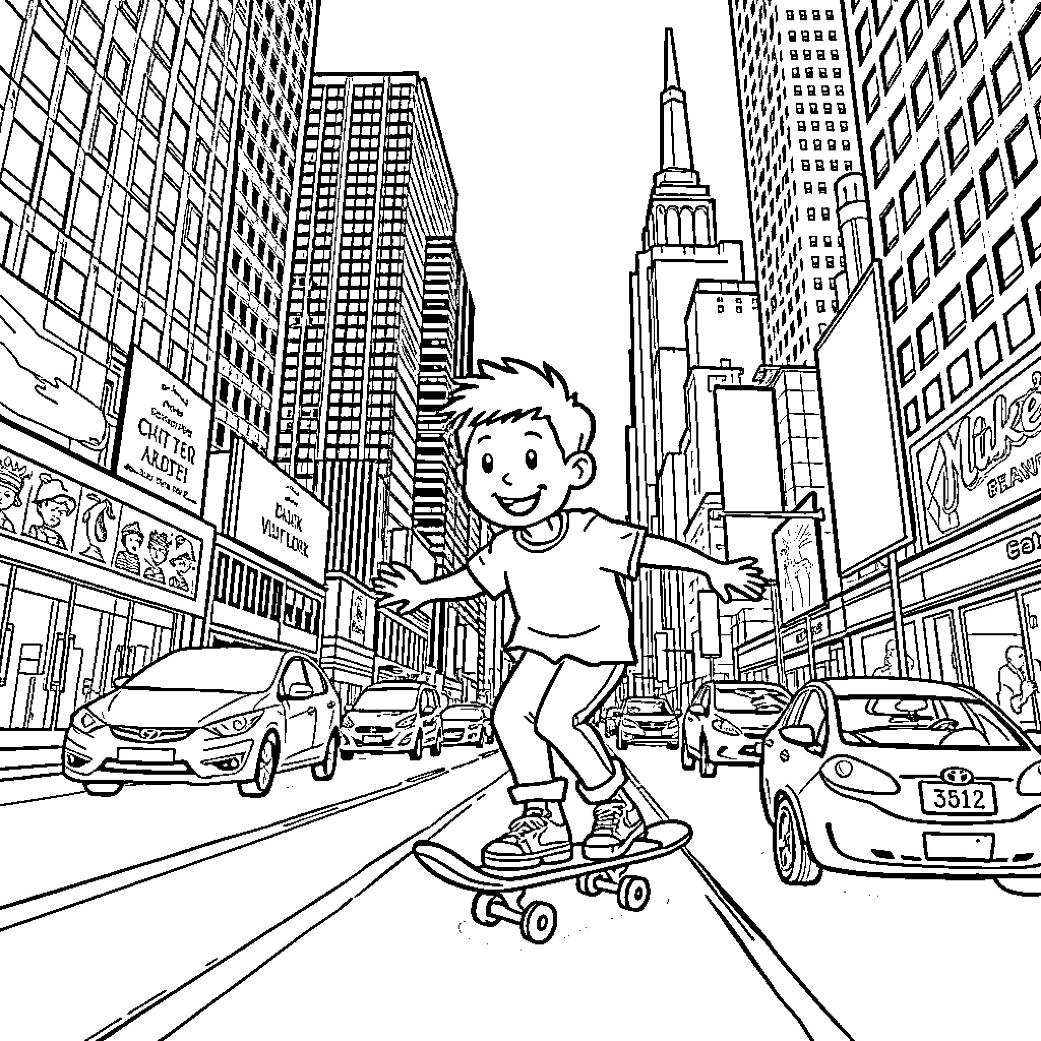 Bluey skateboarding through the city Coloring Page (free black-and-white line drawing printable PDF for all, from beginners to advanced learners, including children, teens, adults, and seniors)