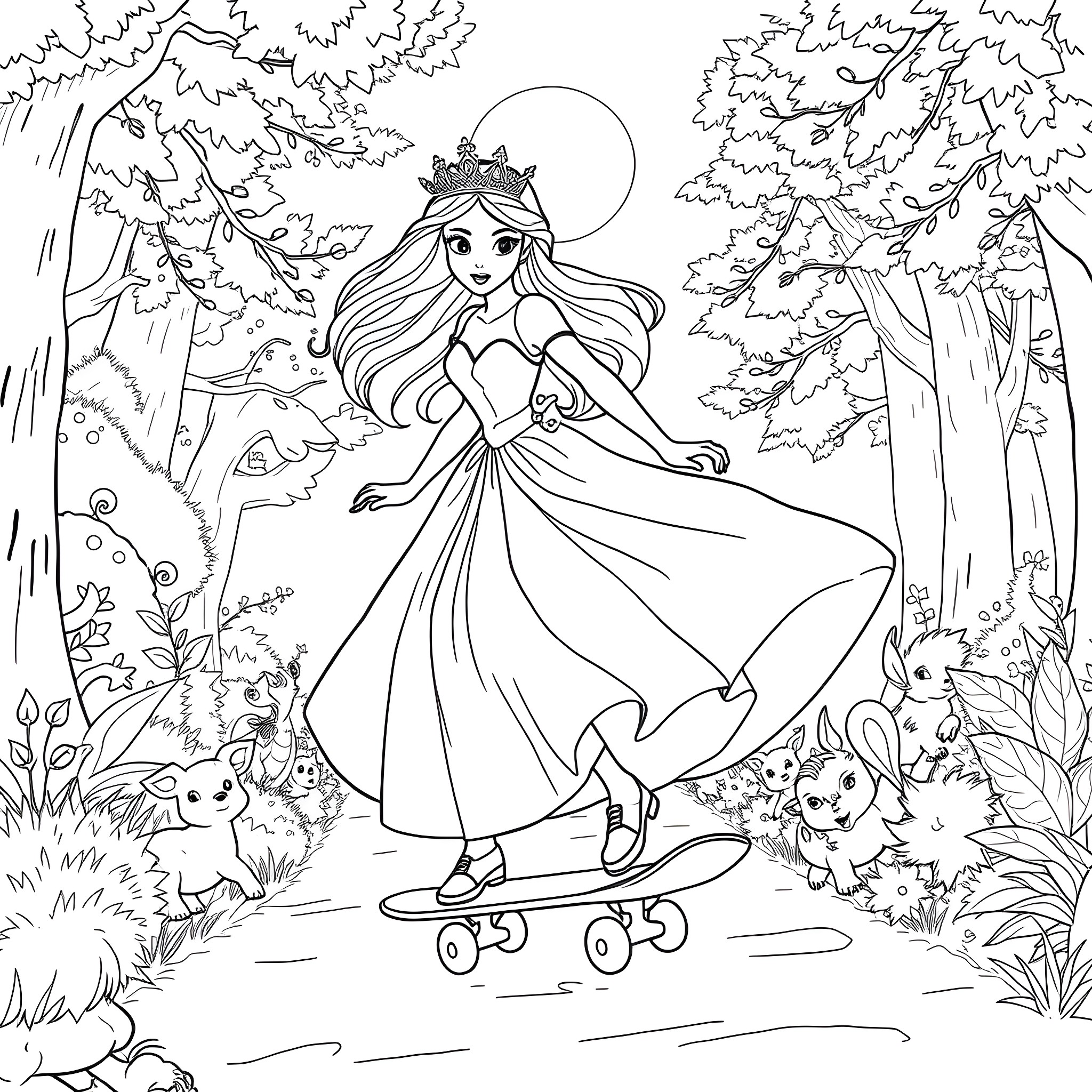 Princess Skating Through the Enchanted Forest Coloring Page (free black-and-white line drawing printable PDF for all, from beginners to advanced learners, including children, teens, adults, and seniors)