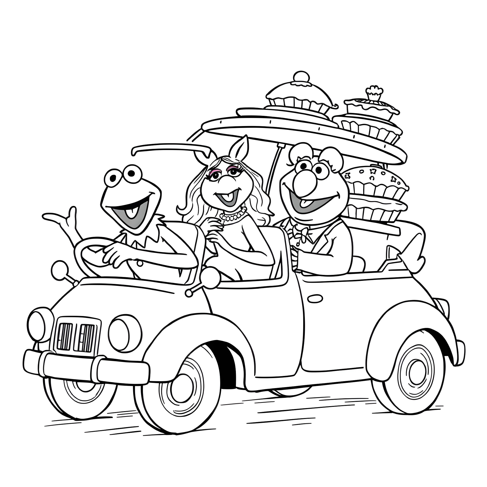 Muppets on a Road Trip Adventure Coloring Page (free black-and-white line drawing printable PDF for all, from beginners to advanced learners, including children, teens, adults, and seniors)