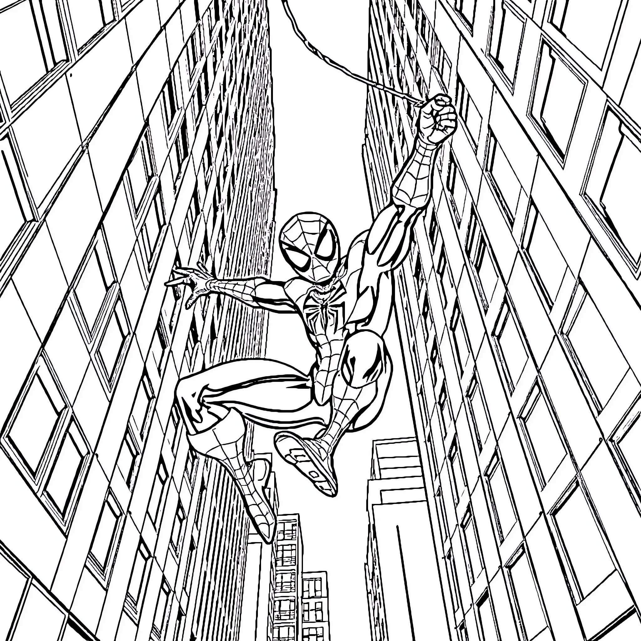 Spiderman swinging through the urban landscape Coloring Page (free black-and-white line drawing printable PDF for all, from beginners to advanced learners, including children, teens, adults, and seniors)