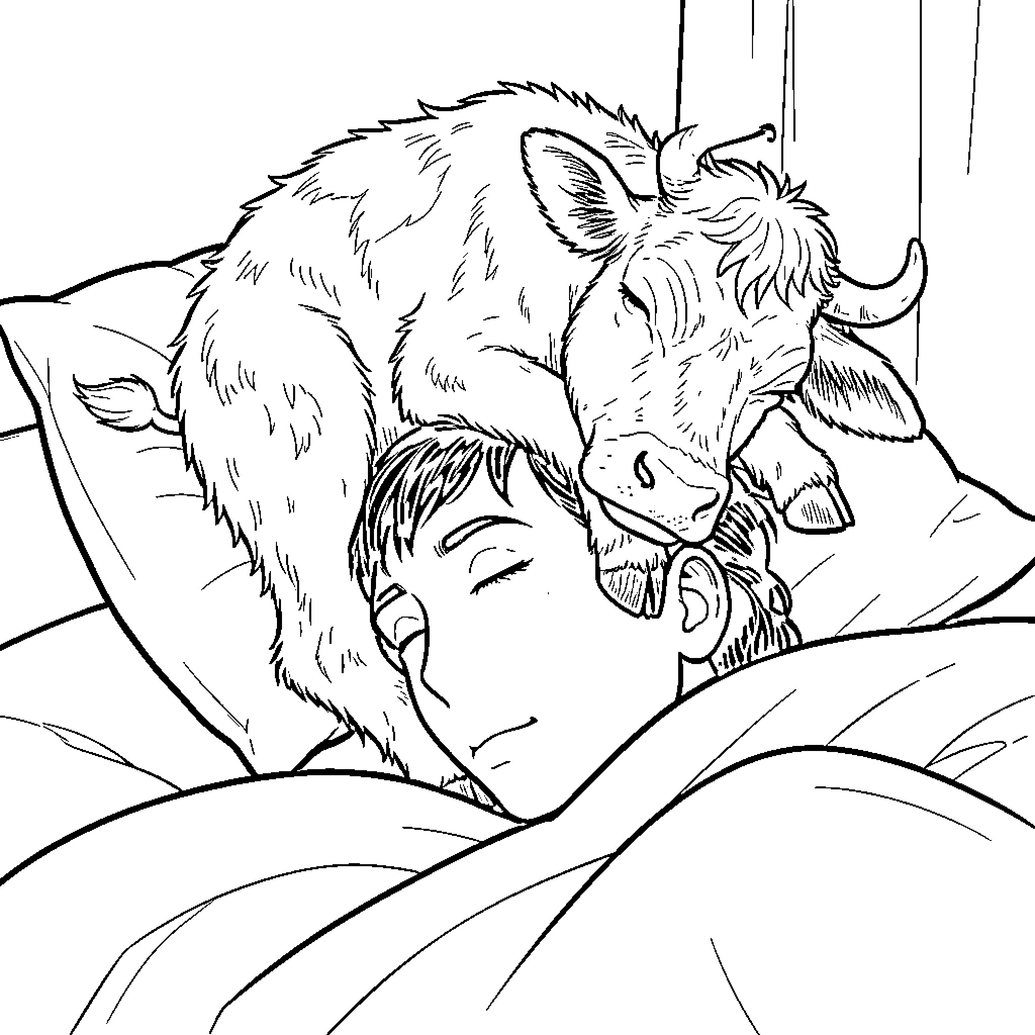 Cow comforting sleeping child in peaceful scene Coloring Page (free black-and-white line drawing printable PDF for all, from beginners to advanced learners, including children, teens, adults, and seniors)