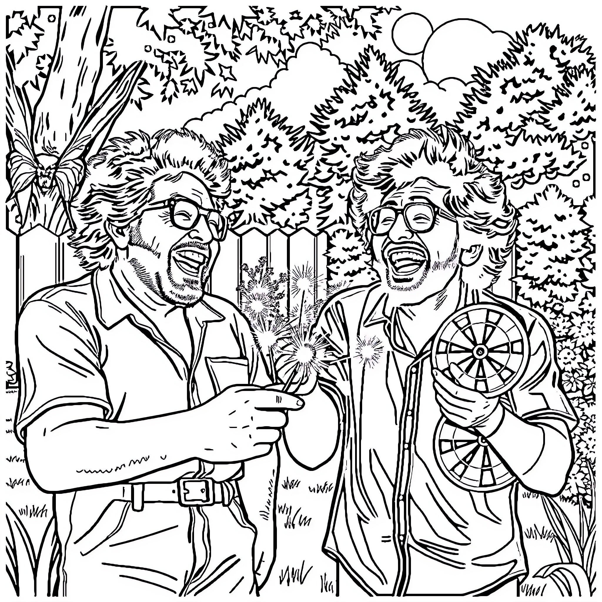 Cheech and Chong's Outdoor Adventure Coloring Page (free black-and-white line drawing printable PDF for all, from beginners to advanced learners, including children, teens, adults, and seniors)