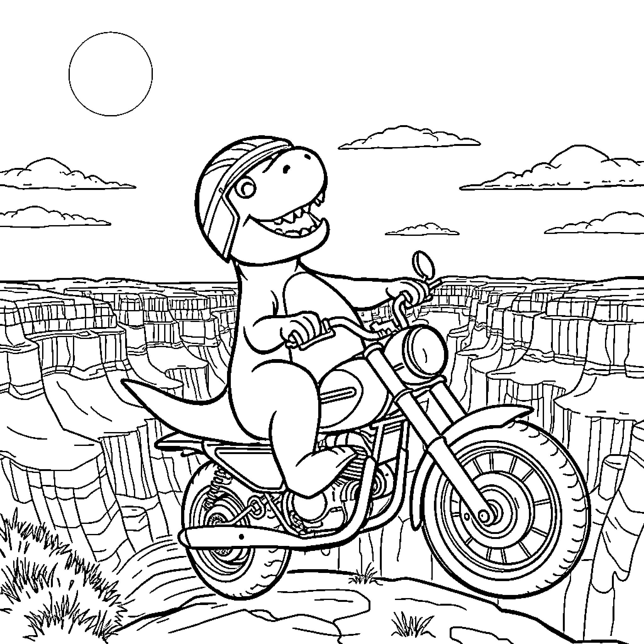 Barney's Wild Motorcycle Adventure Coloring Page (free black-and-white line drawing printable PDF for all, from beginners to advanced learners, including children, teens, adults, and seniors)
