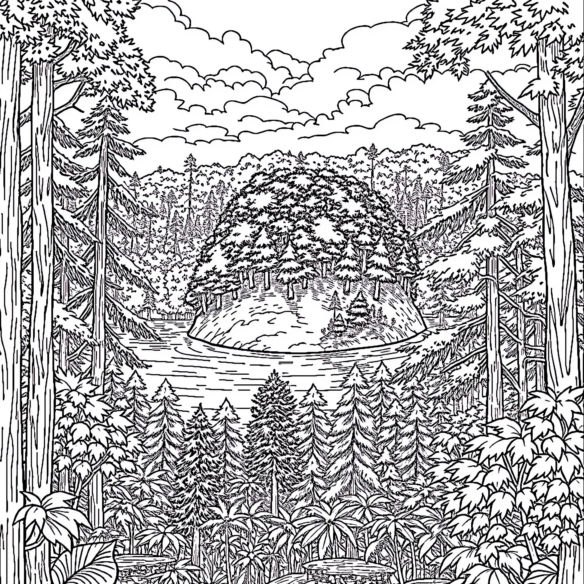 Island Serene Wilderness Landscape with Forest and Lake Coloring Page (free black-and-white line drawing printable PDF for all, from beginners to advanced learners, including children, teens, adults, and seniors)