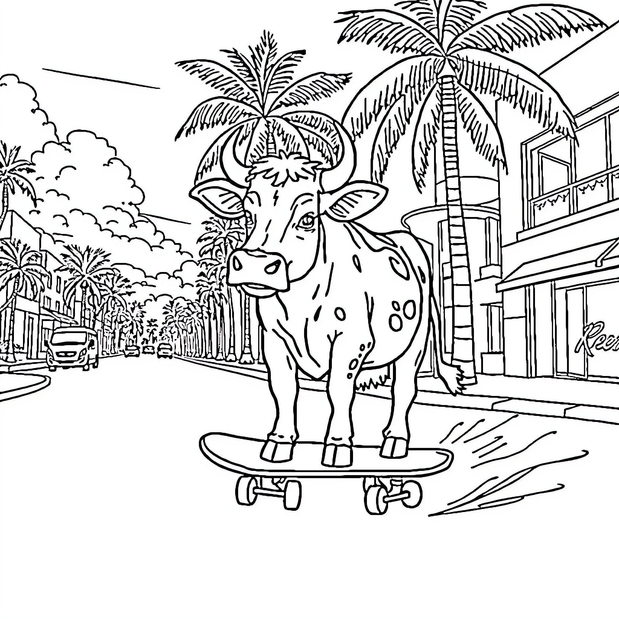 Cow on a skateboard in a tropical town Coloring Page (free black-and-white line drawing printable PDF for all, from beginners to advanced learners, including children, teens, adults, and seniors)