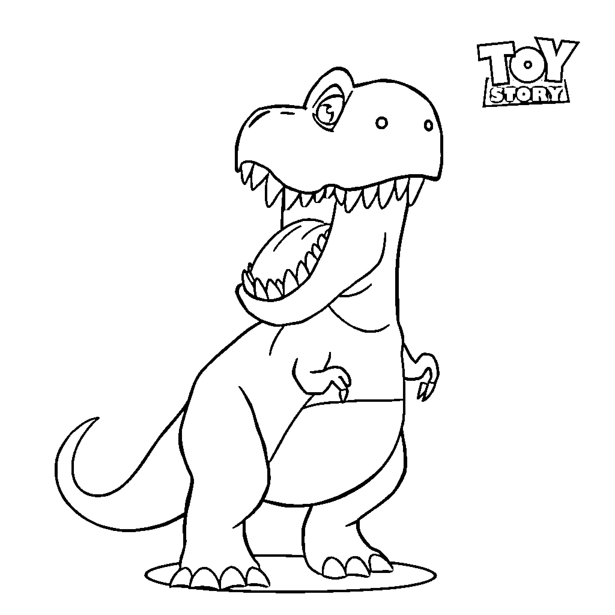 Rex the Hungry Dinosaur from Toy Story Coloring Page (free black-and-white line drawing printable PDF for all, from beginners to advanced learners, including children, teens, adults, and seniors)