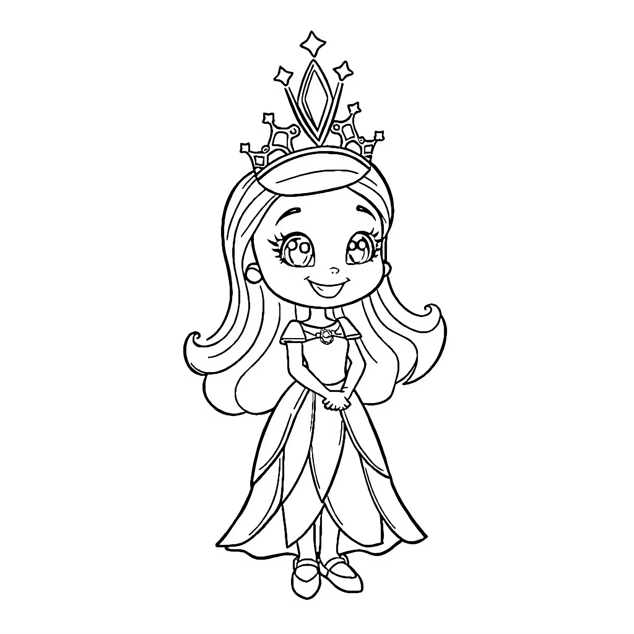 Bluey Dressed as a Smiling Princess Coloring Page (free black-and-white line drawing printable PDF for all, from beginners to advanced learners, including children, teens, adults, and seniors)