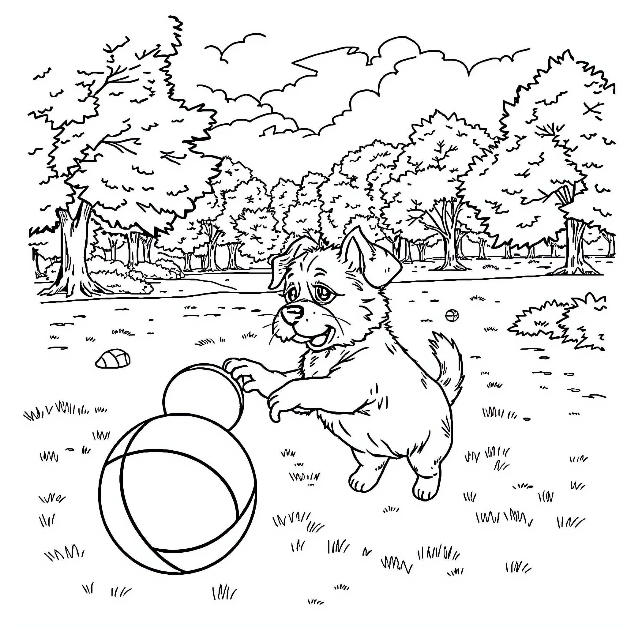 Dog happily playing with ball in the park Coloring Page (free black-and-white line drawing printable PDF for all, from beginners to advanced learners, including children, teens, adults, and seniors)