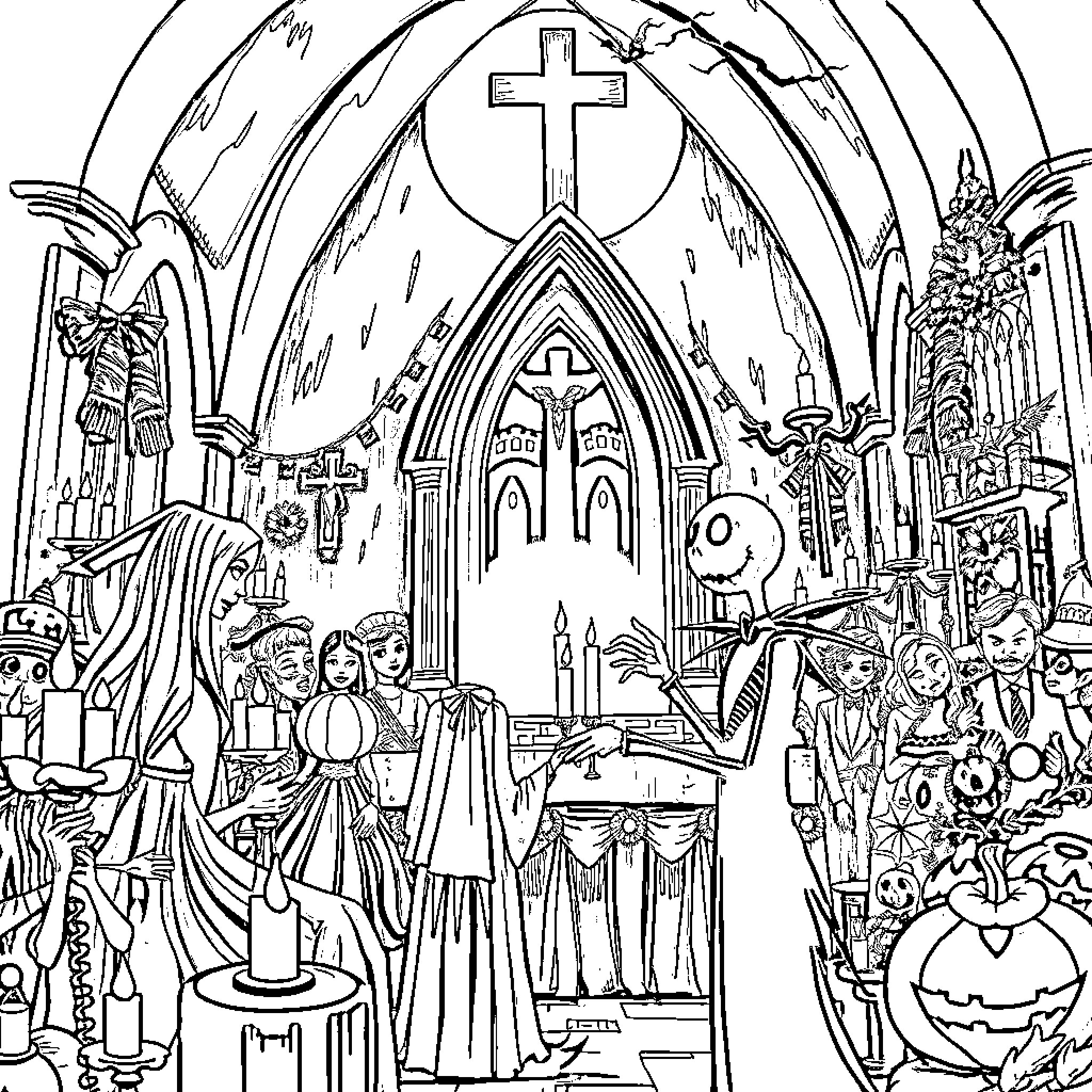 Nightmare Before Christmas: Spooky Gathering at the Cathedral Coloring Page (free black-and-white line drawing printable PDF for all, from beginners to advanced learners, including children, teens, adults, and seniors)