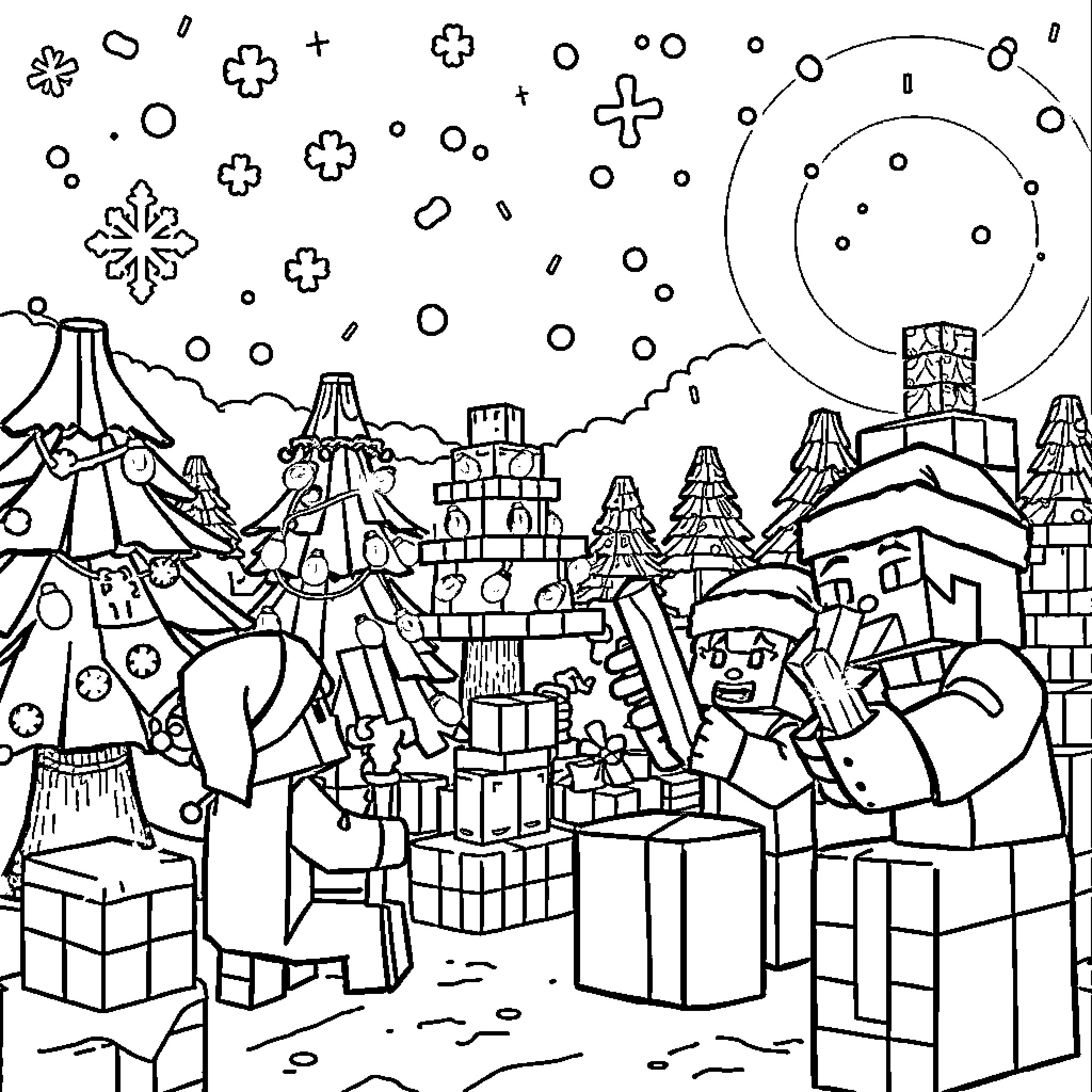 Minecraft Winter Wonderland with Festive Characters Coloring Page (free black-and-white line drawing printable PDF for all, from beginners to advanced learners, including children, teens, adults, and seniors)