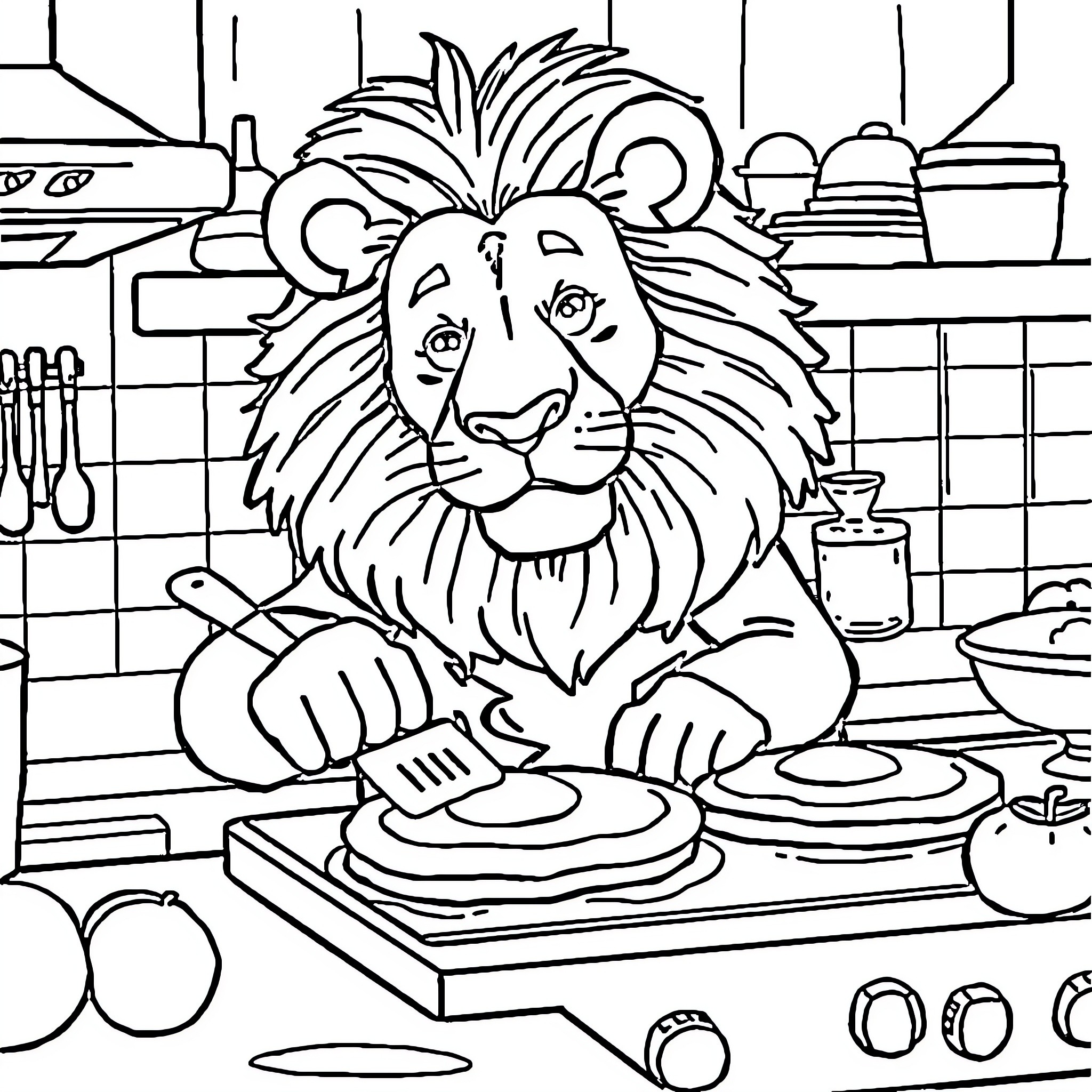Lion cooking in the kitchen Coloring Page (free black-and-white line drawing printable PDF for all, from beginners to advanced learners, including children, teens, adults, and seniors)