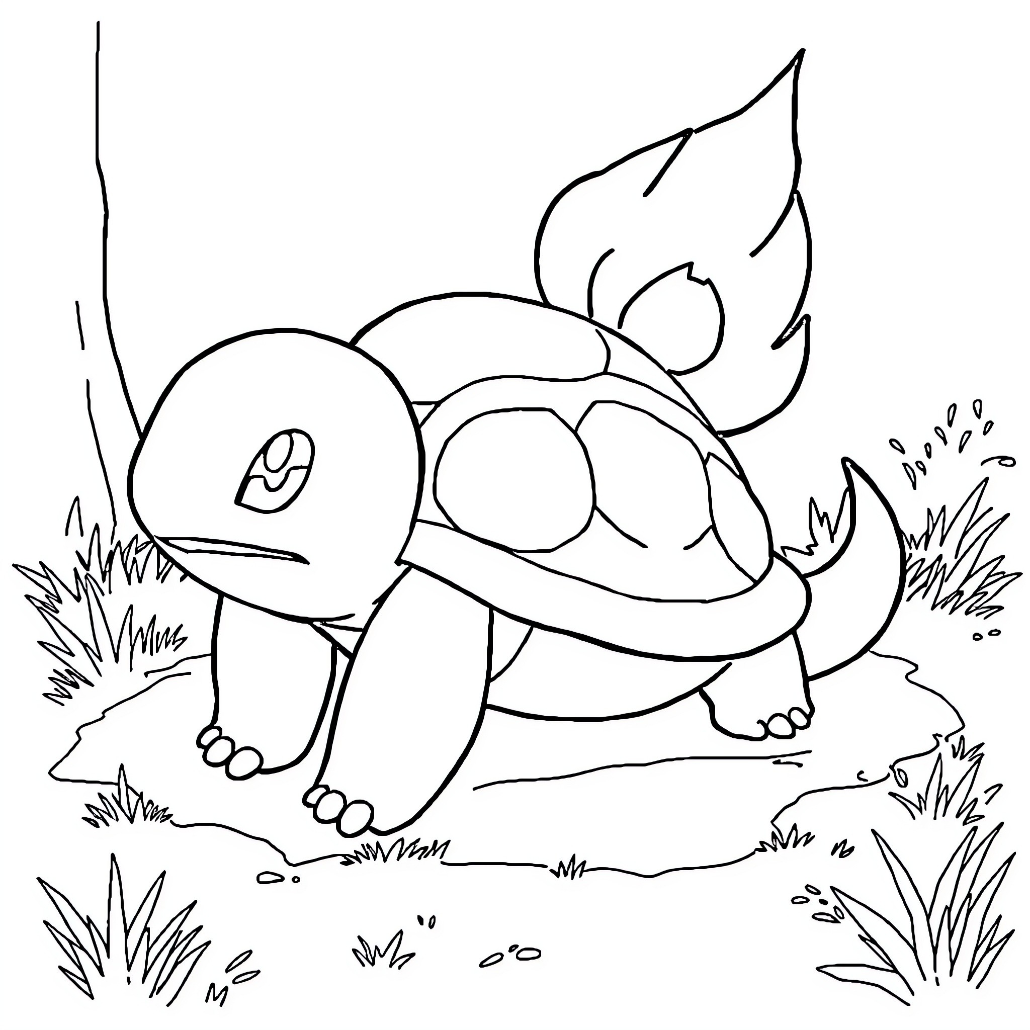 Torkoal relaxing in the grass Coloring Page (free black-and-white line drawing printable PDF for all, from beginners to advanced learners, including children, teens, adults, and seniors)