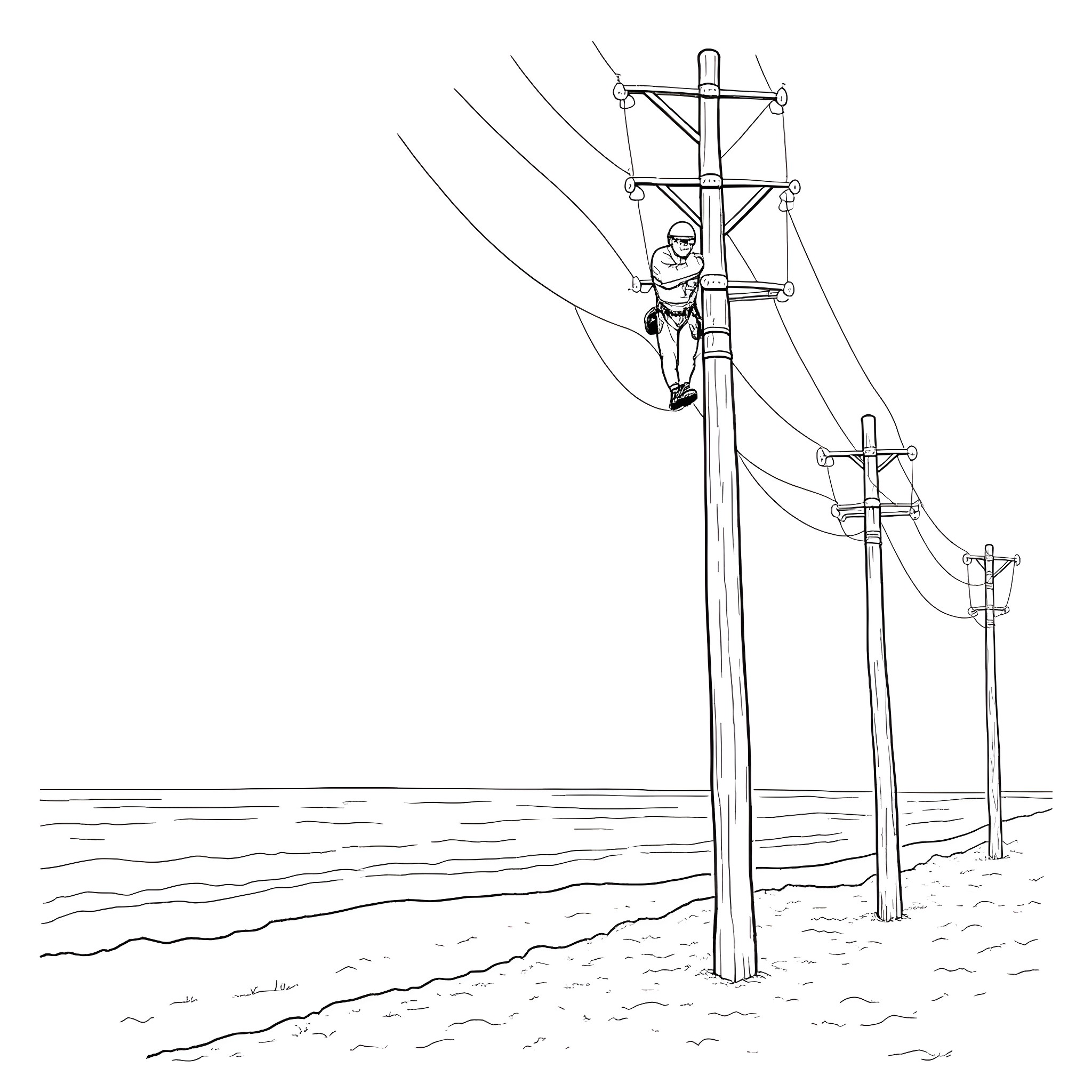 Power Lineman working on utility poles in the field Coloring Page (free black-and-white line drawing printable PDF for all, from beginners to advanced learners, including children, teens, adults, and seniors)