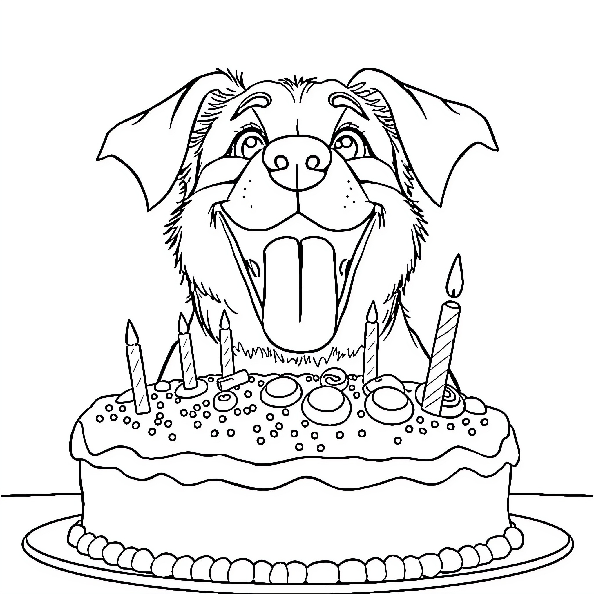Dog celebrating birthday with cake and candles Coloring Page (free black-and-white line drawing printable PDF for all, from beginners to advanced learners, including children, teens, adults, and seniors)