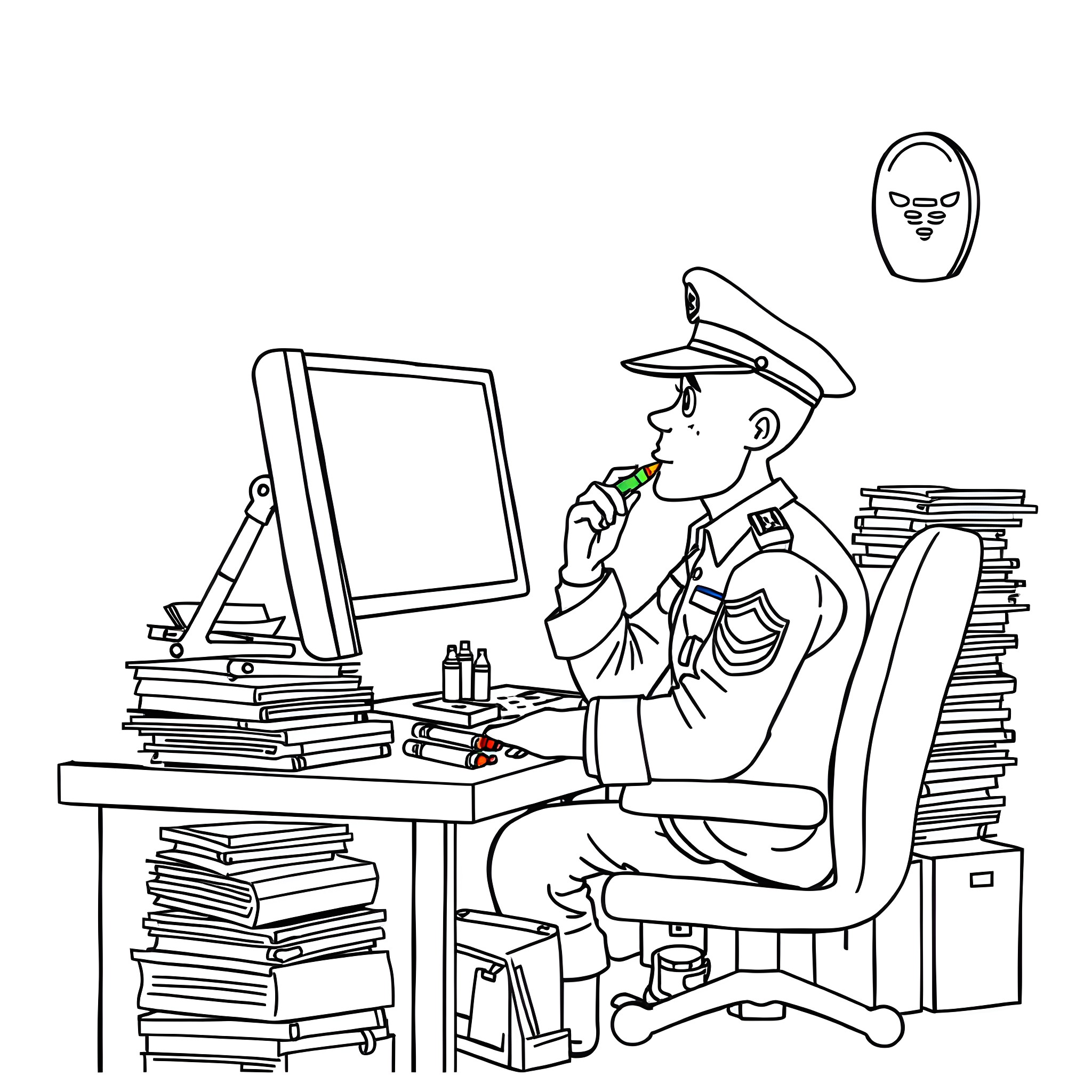 Marine officer working diligently at computer Coloring Page (free black-and-white line drawing printable PDF for all, from beginners to advanced learners, including children, teens, adults, and seniors)