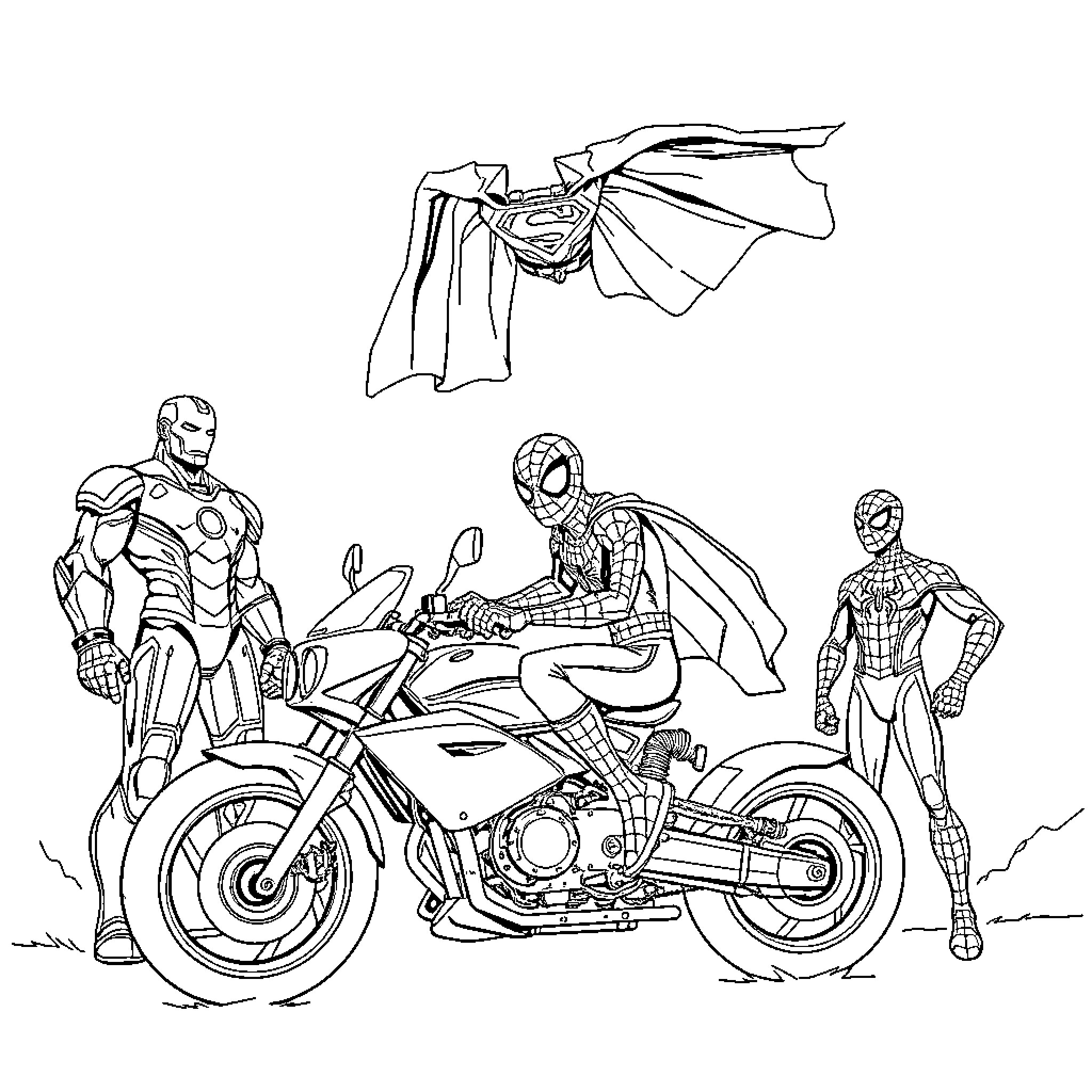 Spider-Man and Superheroes on Motorcycles in Action Coloring Page (free black-and-white line drawing printable PDF for all, from beginners to advanced learners, including children, teens, adults, and seniors)