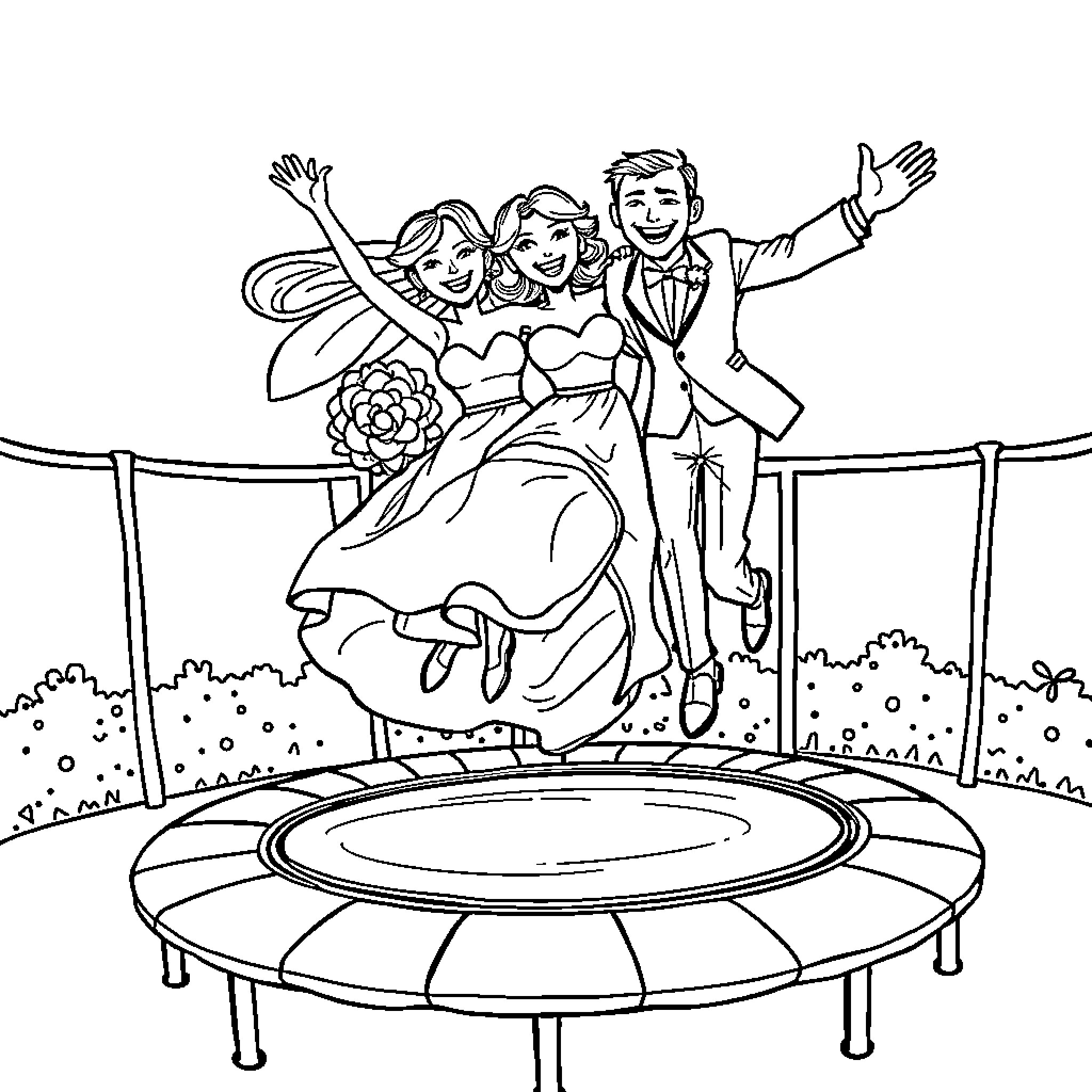 Bride and Groom Joyfully Jumping on Trampoline Coloring Page (free black-and-white line drawing printable PDF for all, from beginners to advanced learners, including children, teens, adults, and seniors)