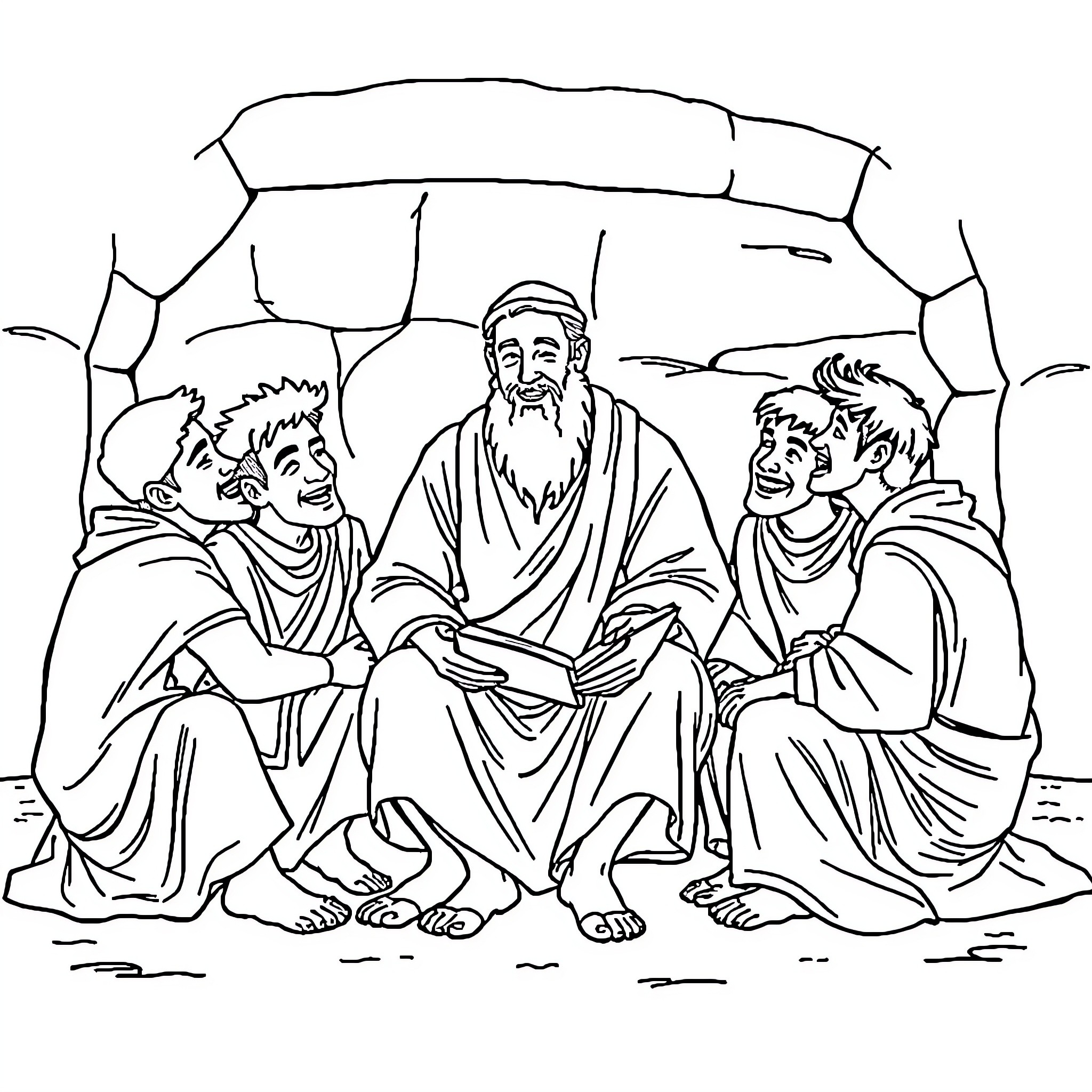 Israel's Religious Leaders Gathering in Discussion Coloring Page (free black-and-white line drawing printable PDF for all, from beginners to advanced learners, including children, teens, adults, and seniors)