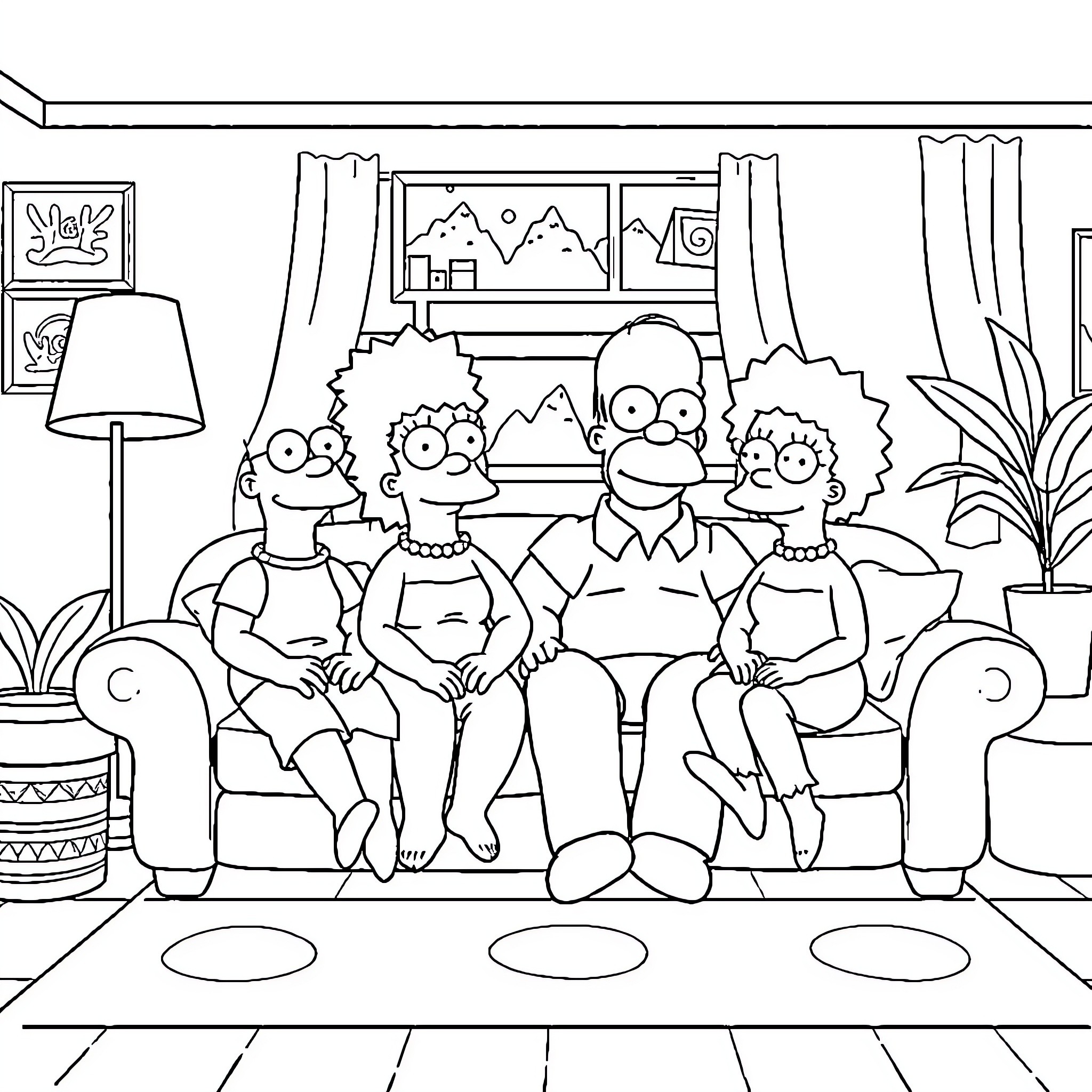 Simpson family relaxing and enjoying their living room Coloring Page (free black-and-white line drawing printable PDF for all, from beginners to advanced learners, including children, teens, adults, and seniors)