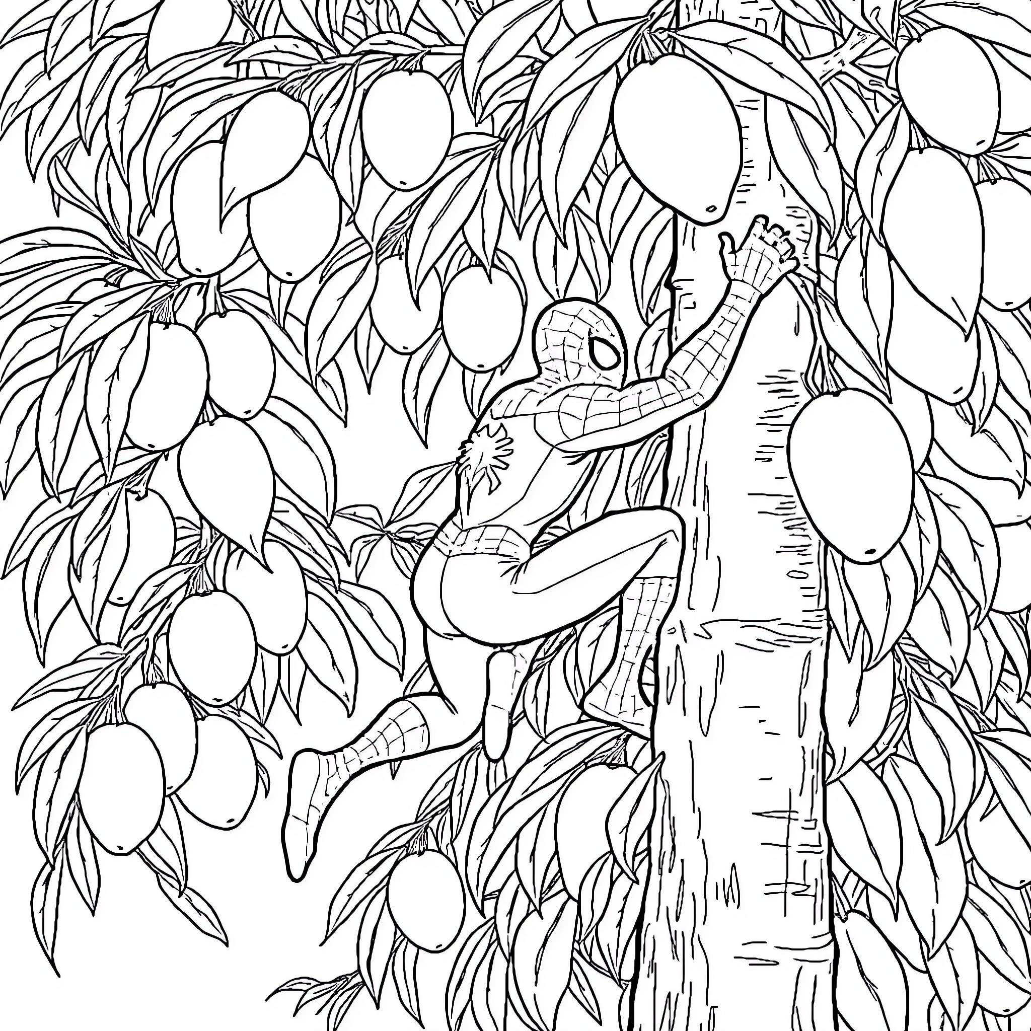 Spiderman climbing mango tree in jungle Coloring Page (free black-and-white line drawing printable PDF for all, from beginners to advanced learners, including children, teens, adults, and seniors)