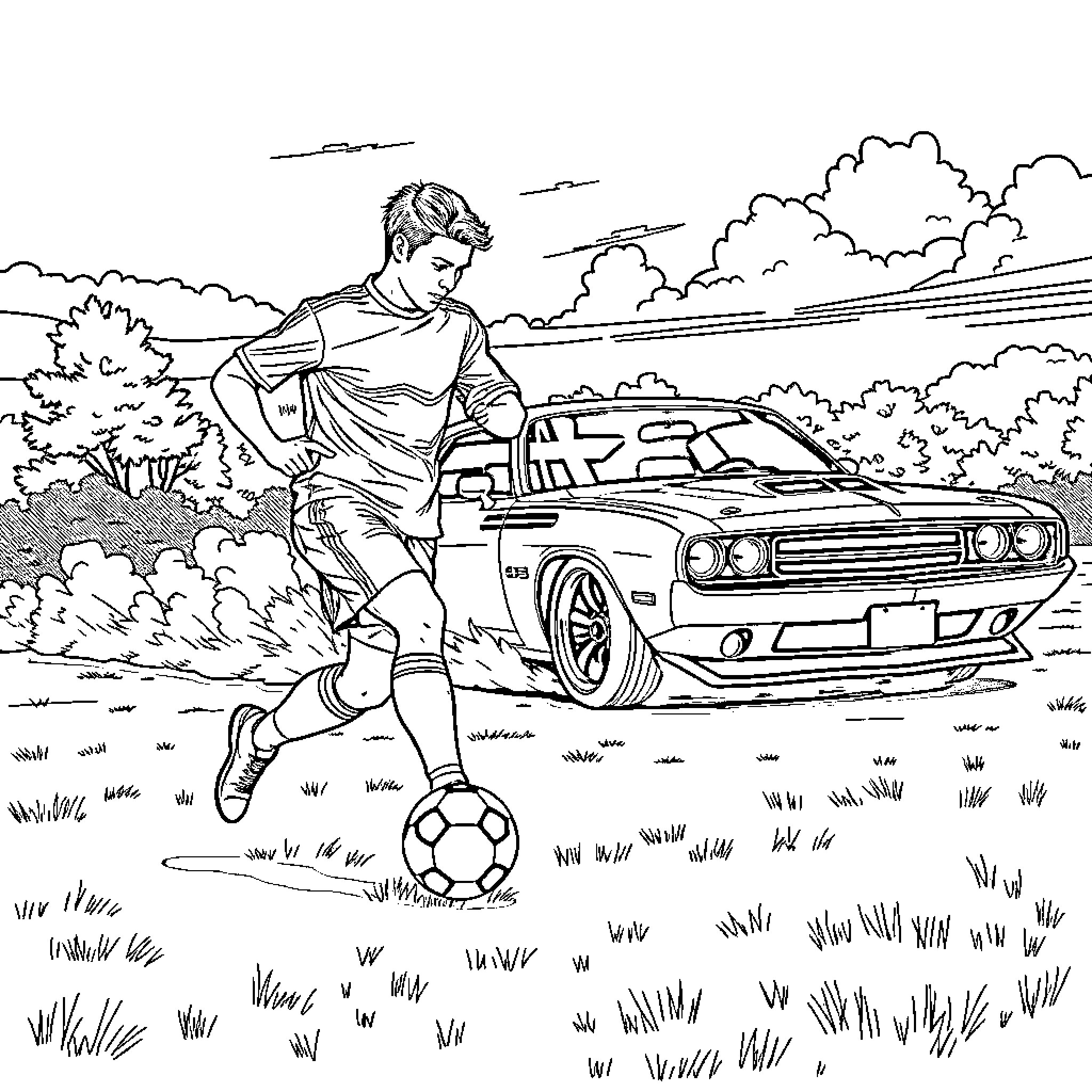 Soccer Player Dribbling Ball Near Sports Car Coloring Page (free black-and-white line drawing printable PDF for all, from beginners to advanced learners, including children, teens, adults, and seniors)