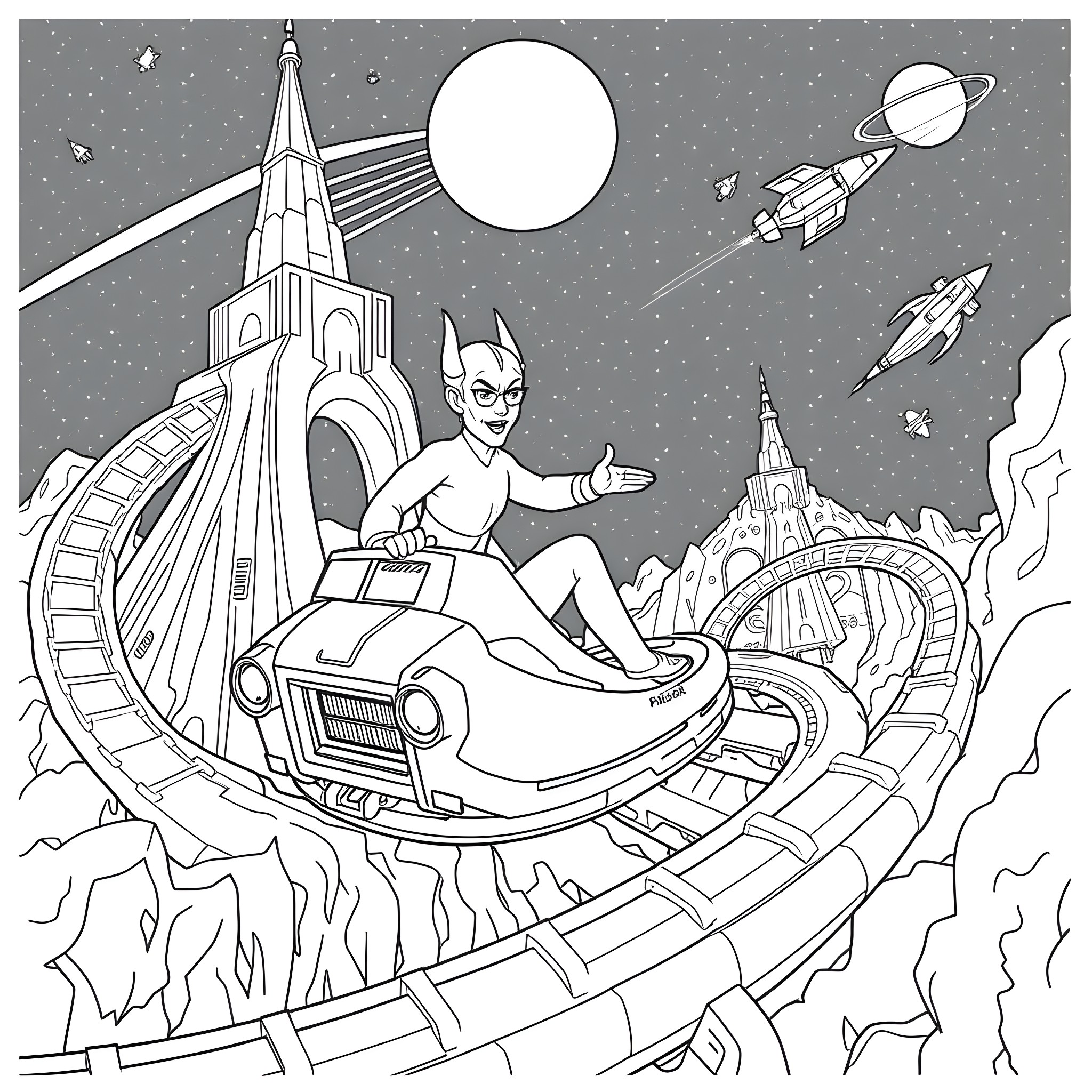 Blue Devil Races through the Futuristic Cityscape Coloring Page (free black-and-white line drawing printable PDF for all, from beginners to advanced learners, including children, teens, adults, and seniors)