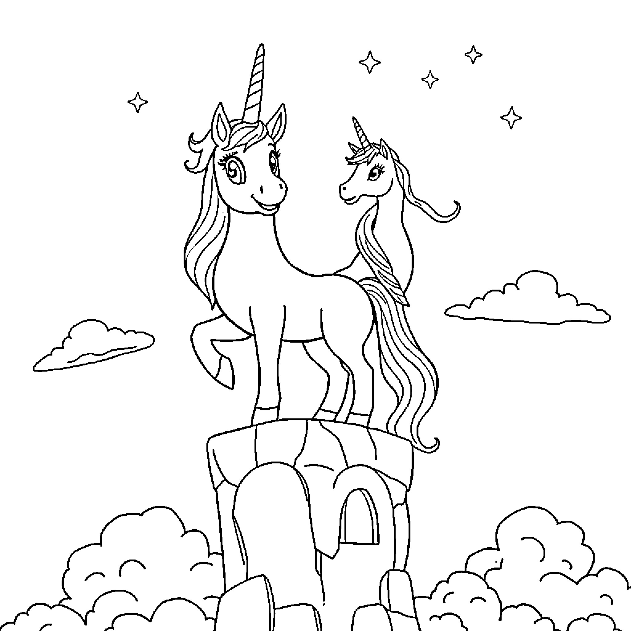 Pony unicorns standing atop castle ruins with stars Coloring Page (free black-and-white line drawing printable PDF for all, from beginners to advanced learners, including children, teens, adults, and seniors)