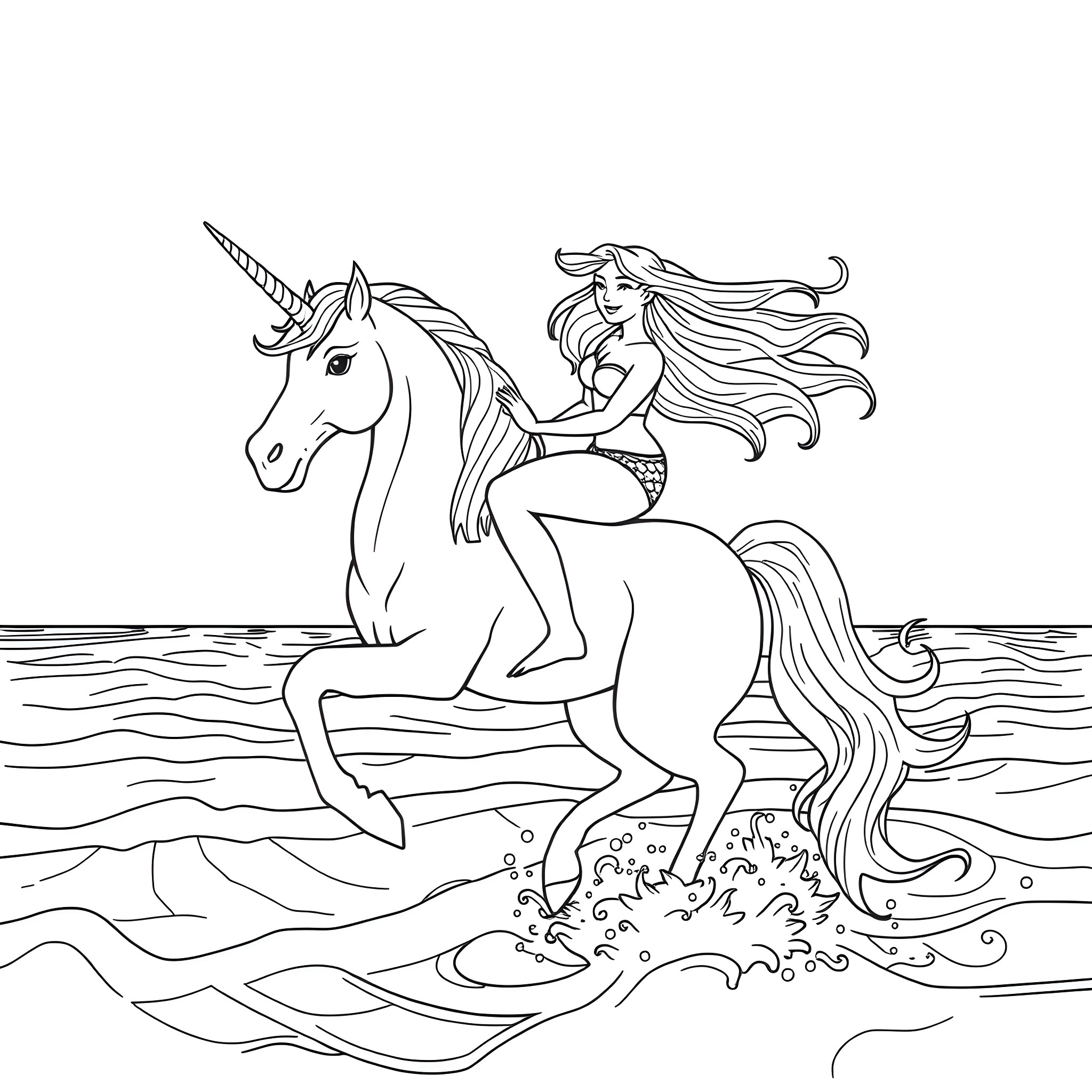 Mermaid riding a magical unicorn in the sea Coloring Page (free black-and-white line drawing printable PDF for all, from beginners to advanced learners, including children, teens, adults, and seniors)