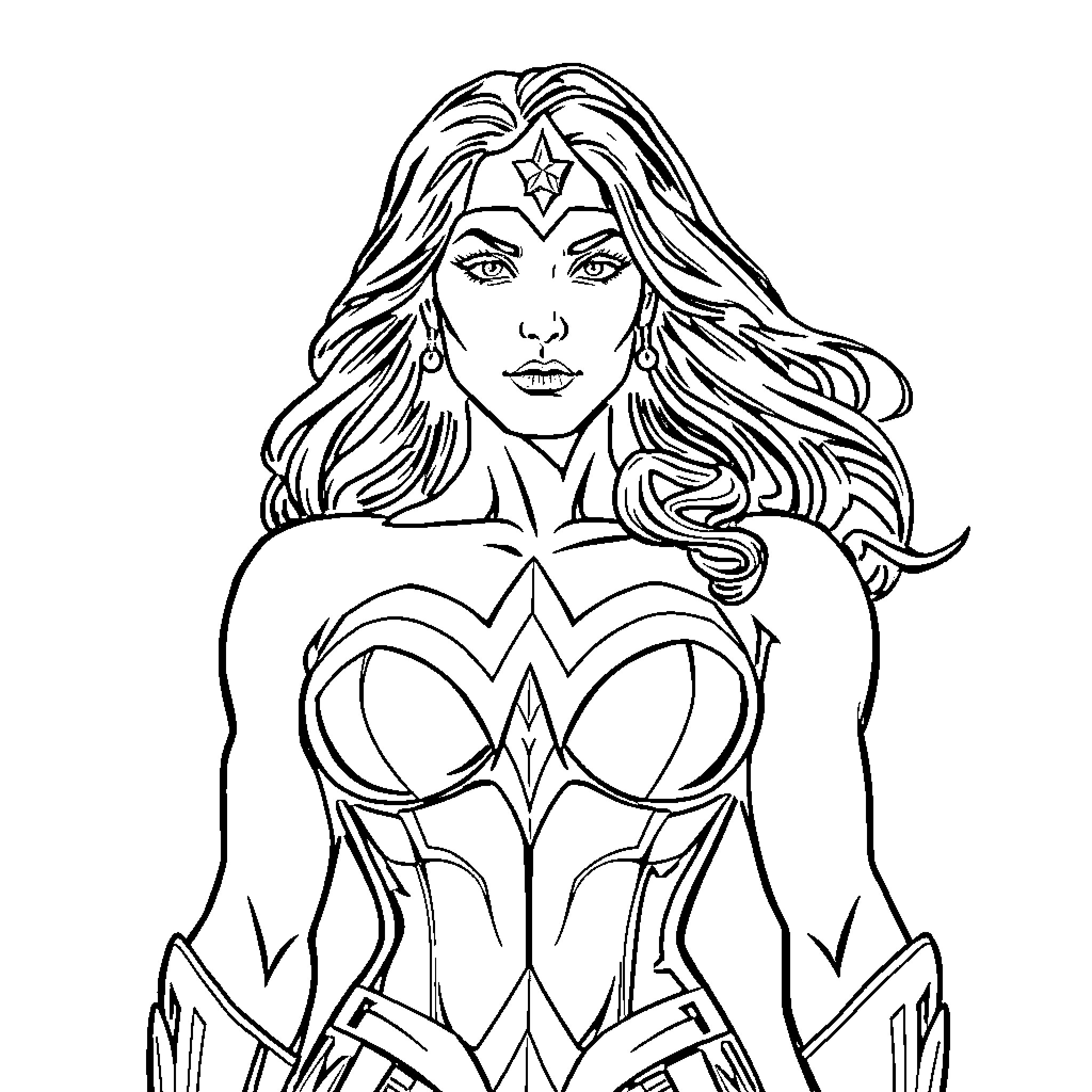 Wonder Woman in heroic stance with determination Coloring Page (free black-and-white line drawing printable PDF for all, from beginners to advanced learners, including children, teens, adults, and seniors)