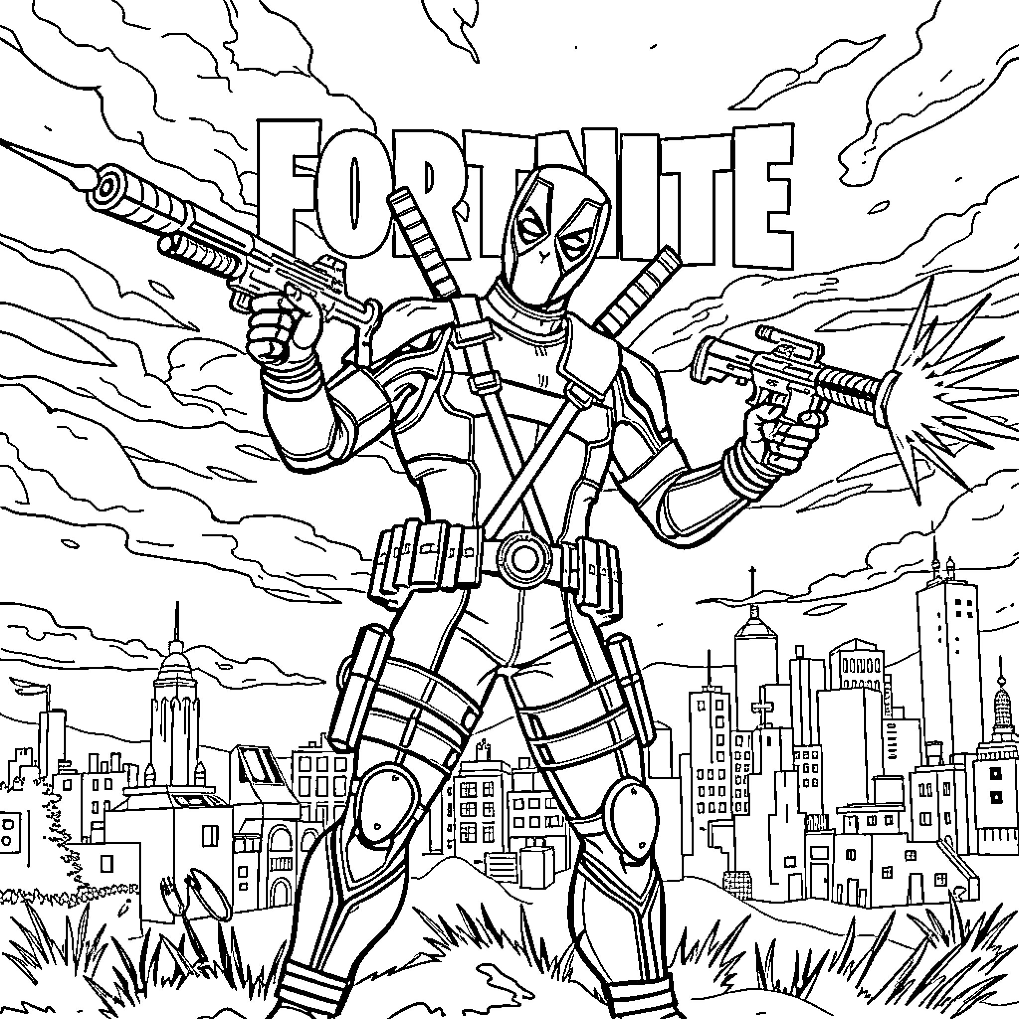 Deadpool Unleashing Chaos in the City Coloring Page (free black-and-white line drawing printable PDF for all, from beginners to advanced learners, including children, teens, adults, and seniors)