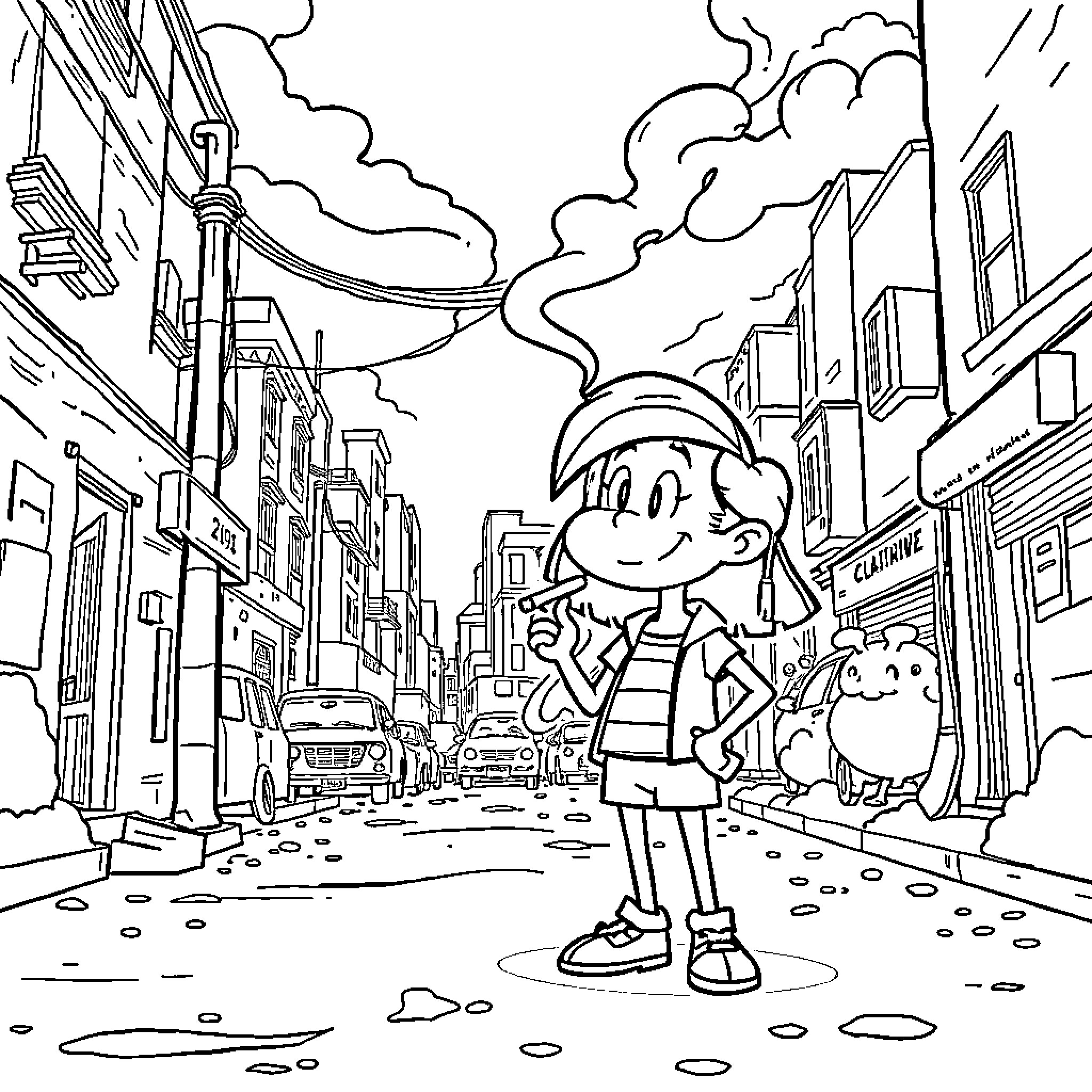 Pim's Adventurous Exploration in the City Coloring Page (free black-and-white line drawing printable PDF for all, from beginners to advanced learners, including children, teens, adults, and seniors)