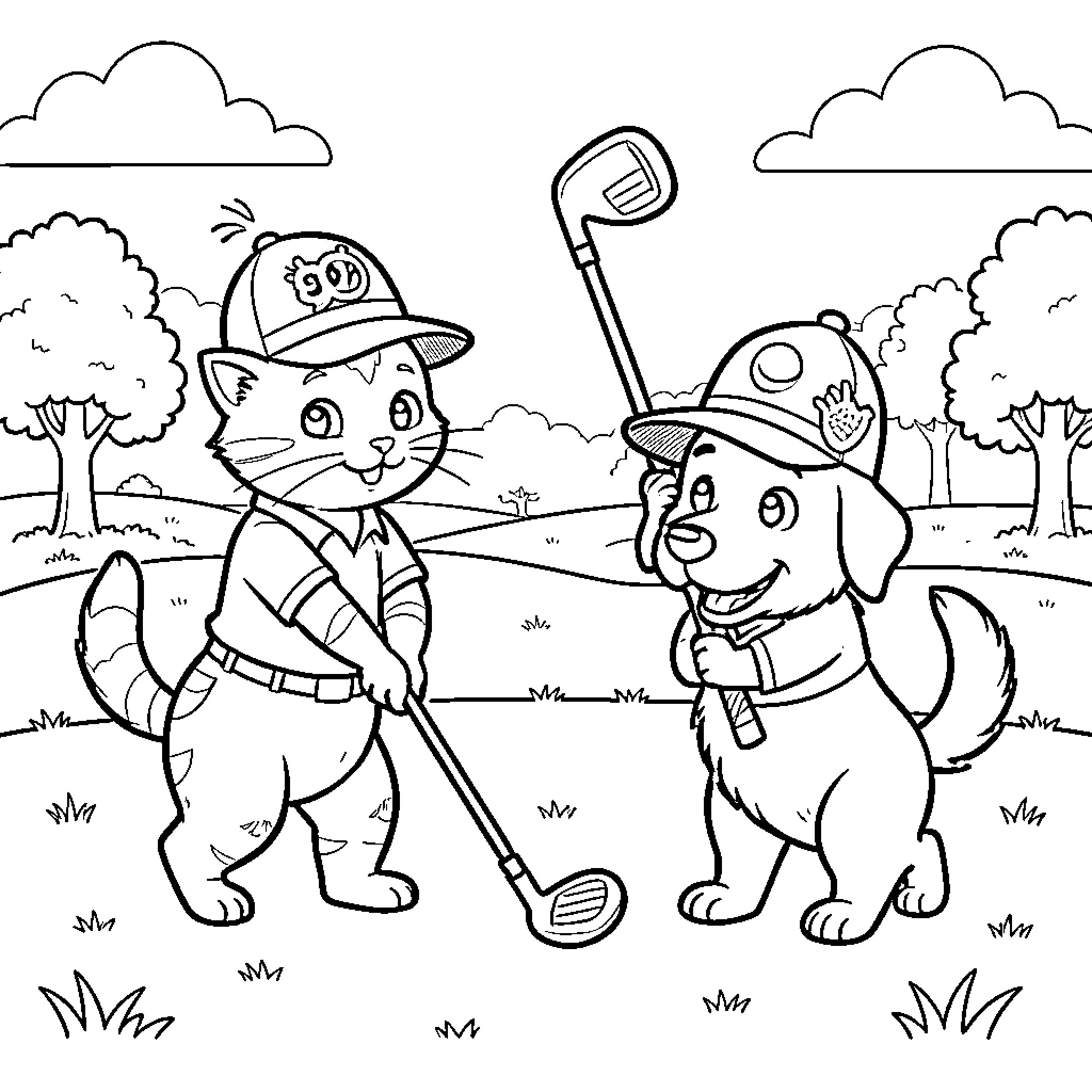Cat and Dog playing golf together on a course Coloring Page (free black-and-white line drawing printable PDF for all, from beginners to advanced learners, including children, teens, adults, and seniors)
