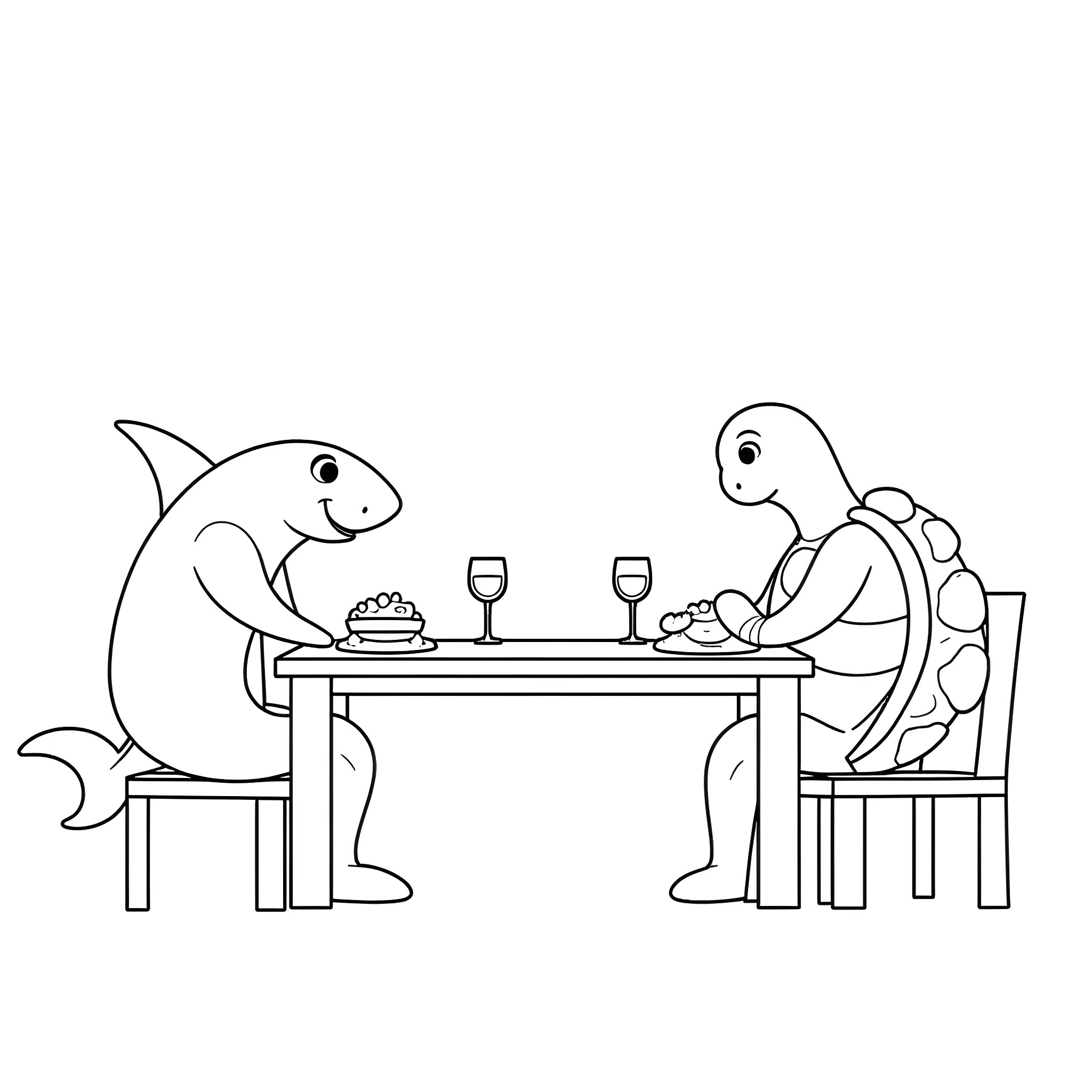 Shark enjoying a fine dining experience with turtle Coloring Page (free black-and-white line drawing printable PDF for all, from beginners to advanced learners, including children, teens, adults, and seniors)